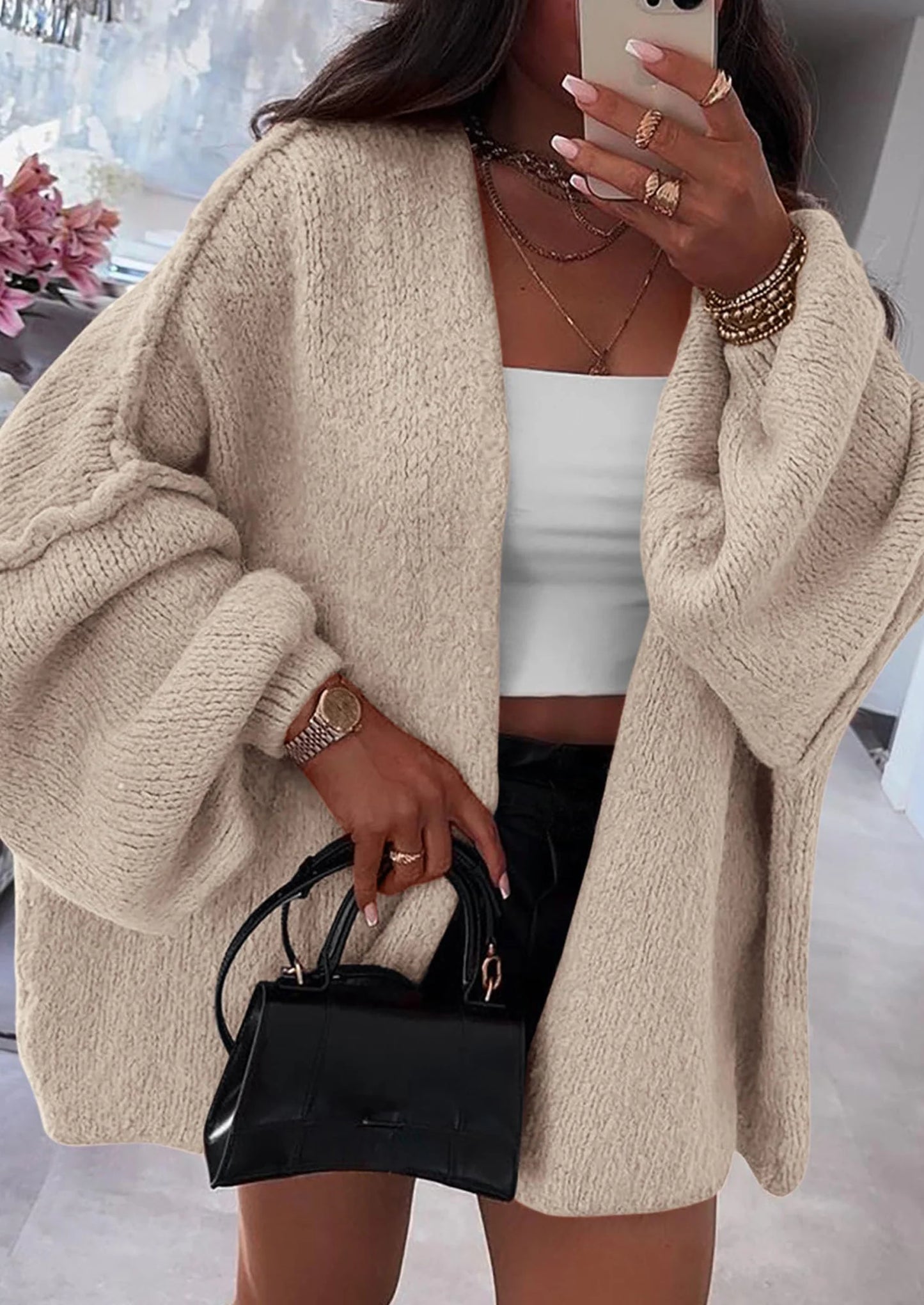 Womens Oversized Cardigan Sweaters Fall Long Lantern Sleeve Knit Open Front Lightweight Sweater