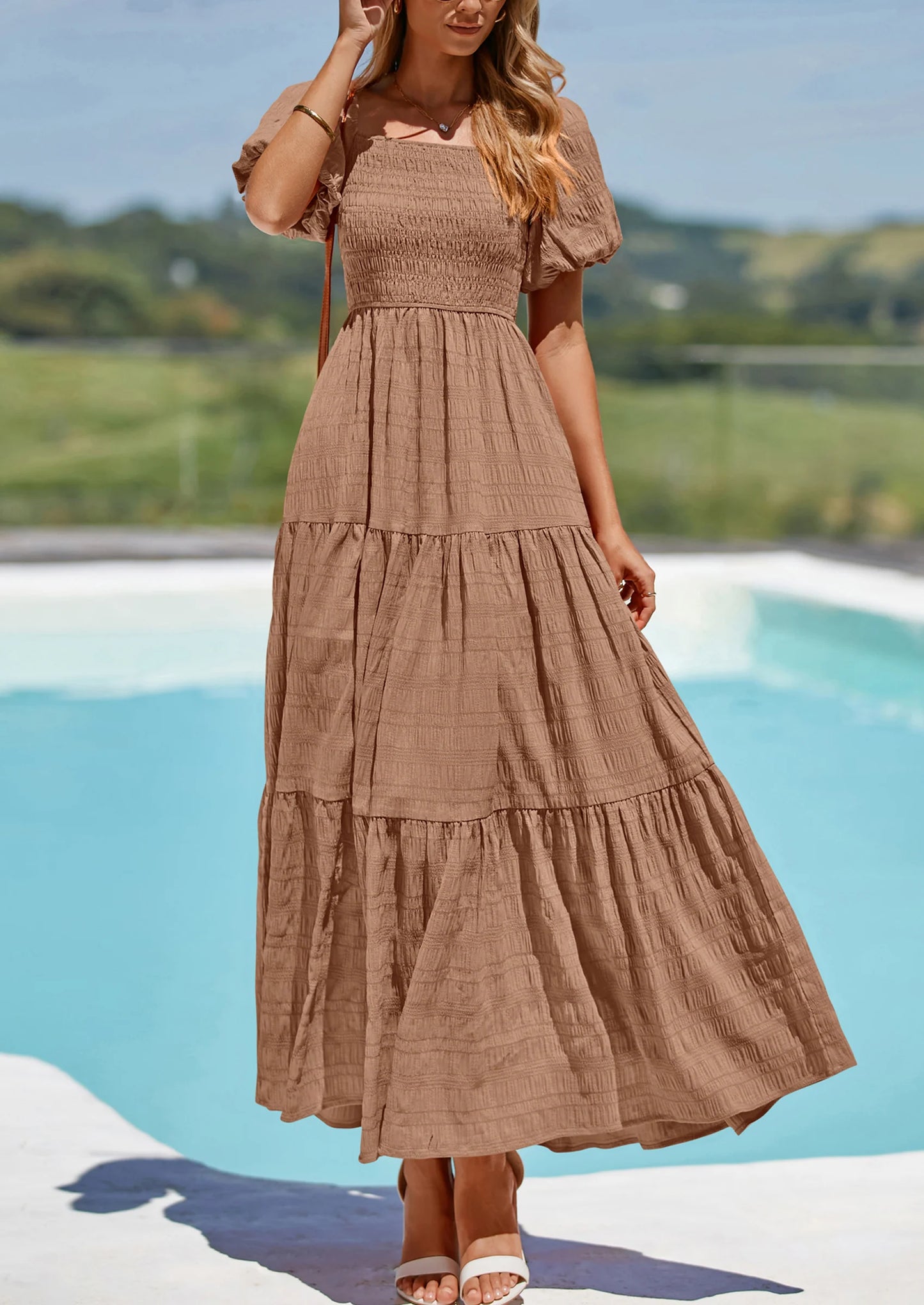 Womens Summer Puff Short Sleeve Maxi Dress Square Neck Smocked Tiered Ruffle A Line Long Flowy Beach Dresses