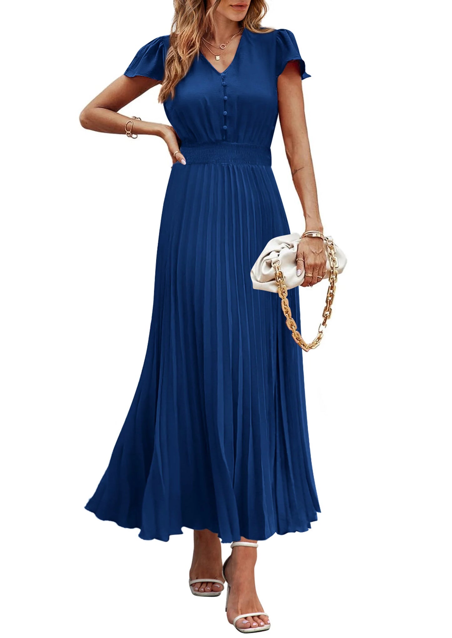 Women's Maxi Dresses Summer Trendy Cap Short Sleeve Button V Neck Casual Flowy Pleated Long Dress
