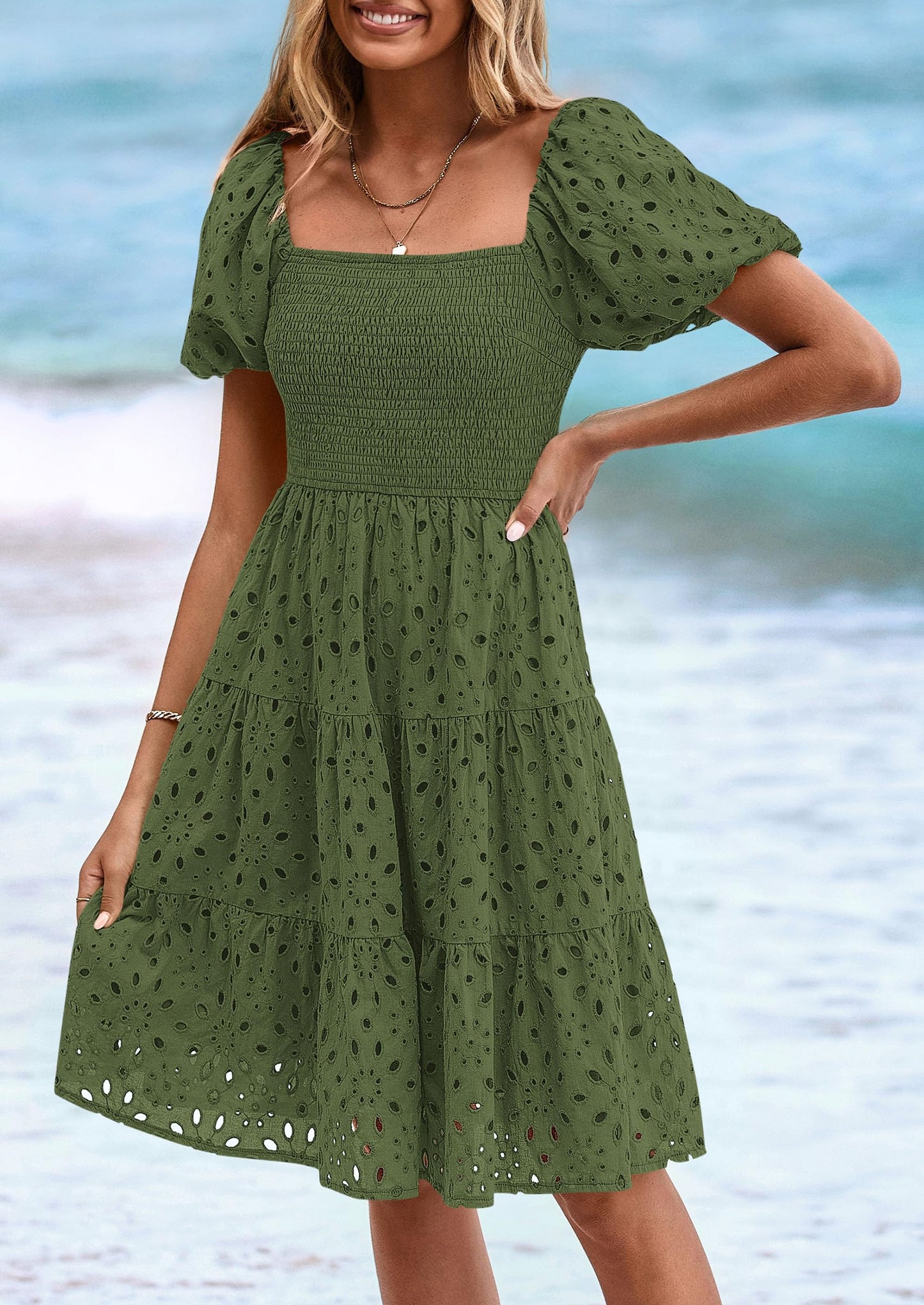 Womens Summer Puff Sleeve Mini Dress Off Shoulder Eyelet Smocked A Line Casual Babydoll Short Dresses