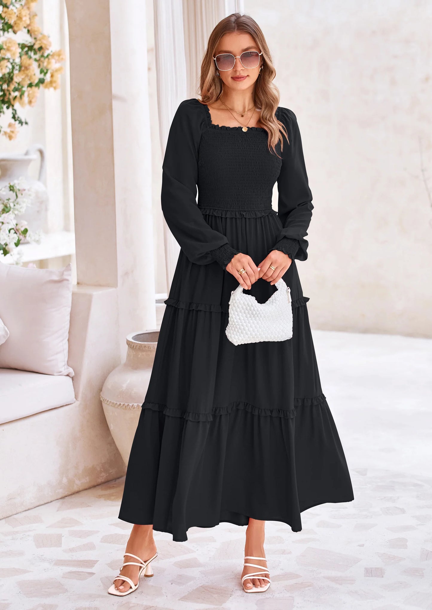 Fall Wedding Guest Dresses for Women Long Sleeve Square Neck Tiered A Line Modest Elegant Flowy Dresses
