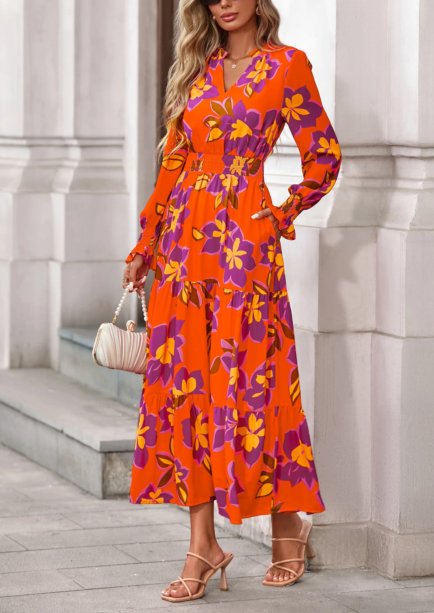 Women's Floral Maxi Dress Spring Long Sleeve V Neck Casual A Line Long Flowy Boho Party Dresses