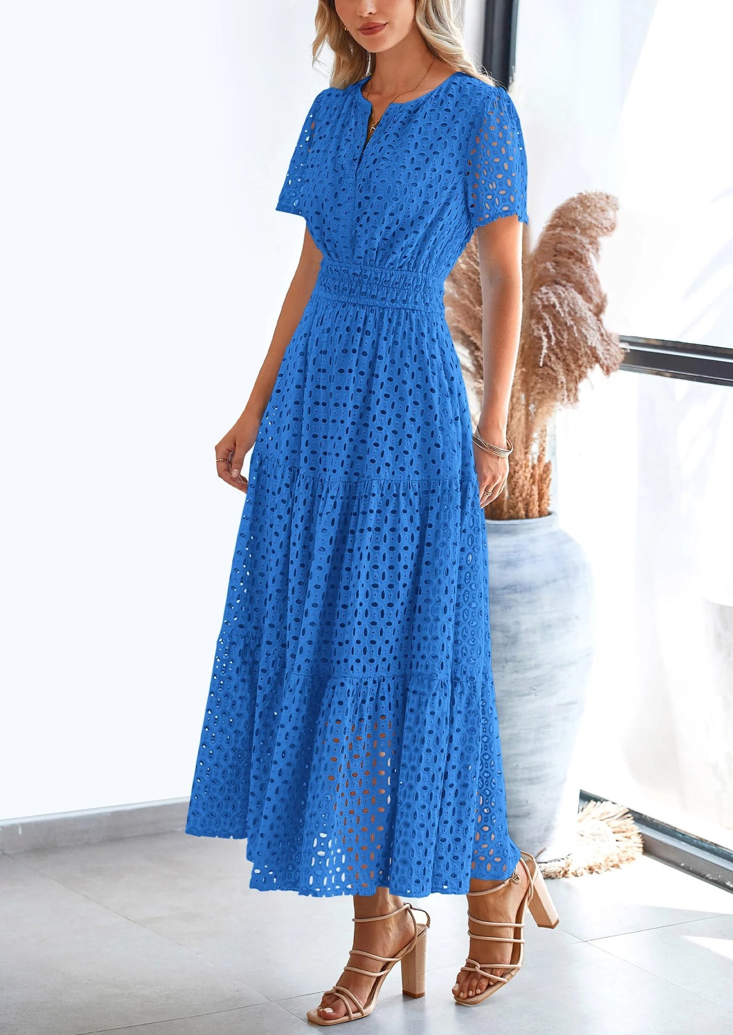 Womens Maxi Dress Short Sleeve V Neck Hollow Out Eyelet A Line Long Flowy Beach Vacation Dresses