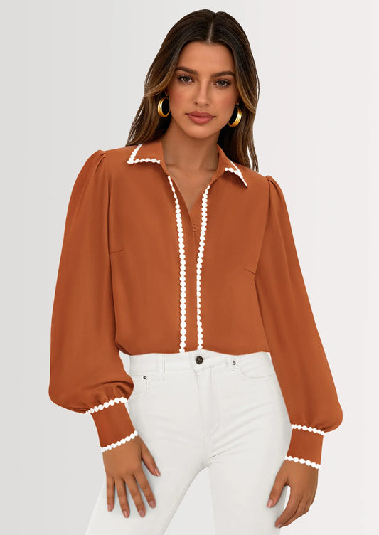 Womens Long Sleeve Button Down Shirts Trendy V Neck Loose Fit Fall Tops Collared Dressy Casual Blouses