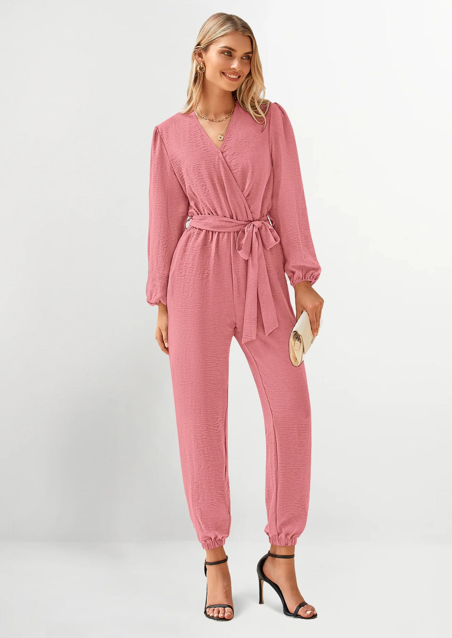 Women's Fall Jumpsuits Dressy Casual Pants Romper Spring Long Sleeve V Neck Belt Pockets One Piece Outfits
