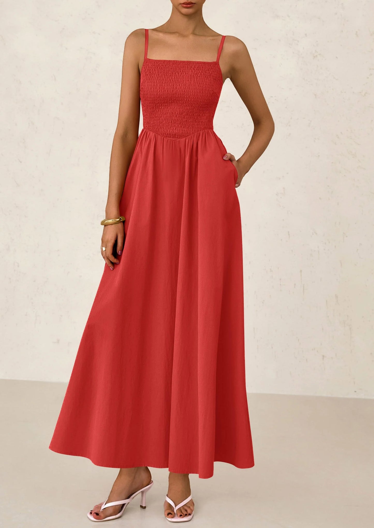 Women's Smocked Maxi Dresses Beach Sundress Casual Spaghetti Strap Swing A Line Long Flowy Dress