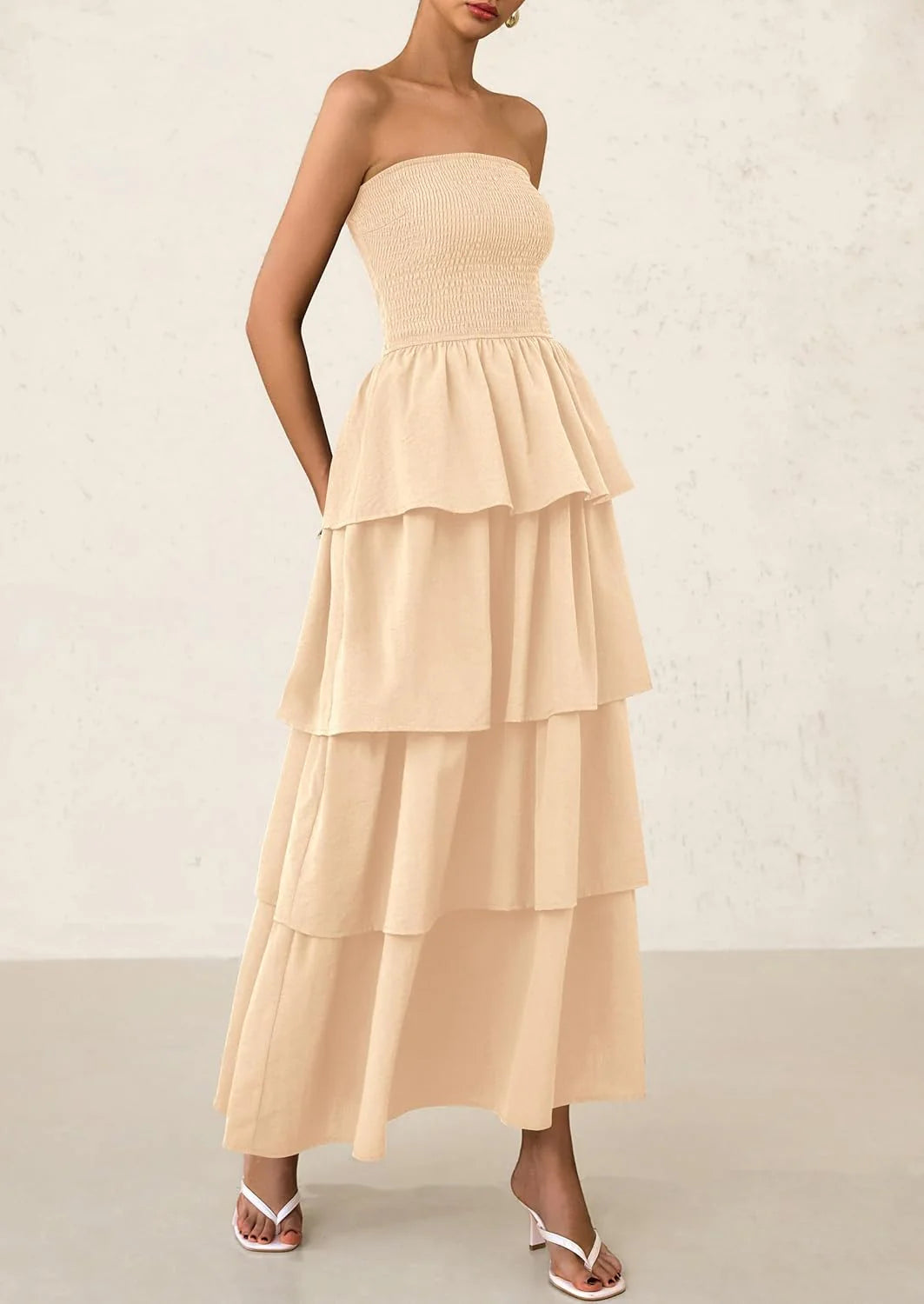 Maxi Dresses for Women Off Shoulder Smocked Tiered Ruffle Long Flowy Wedding Guest Dress
