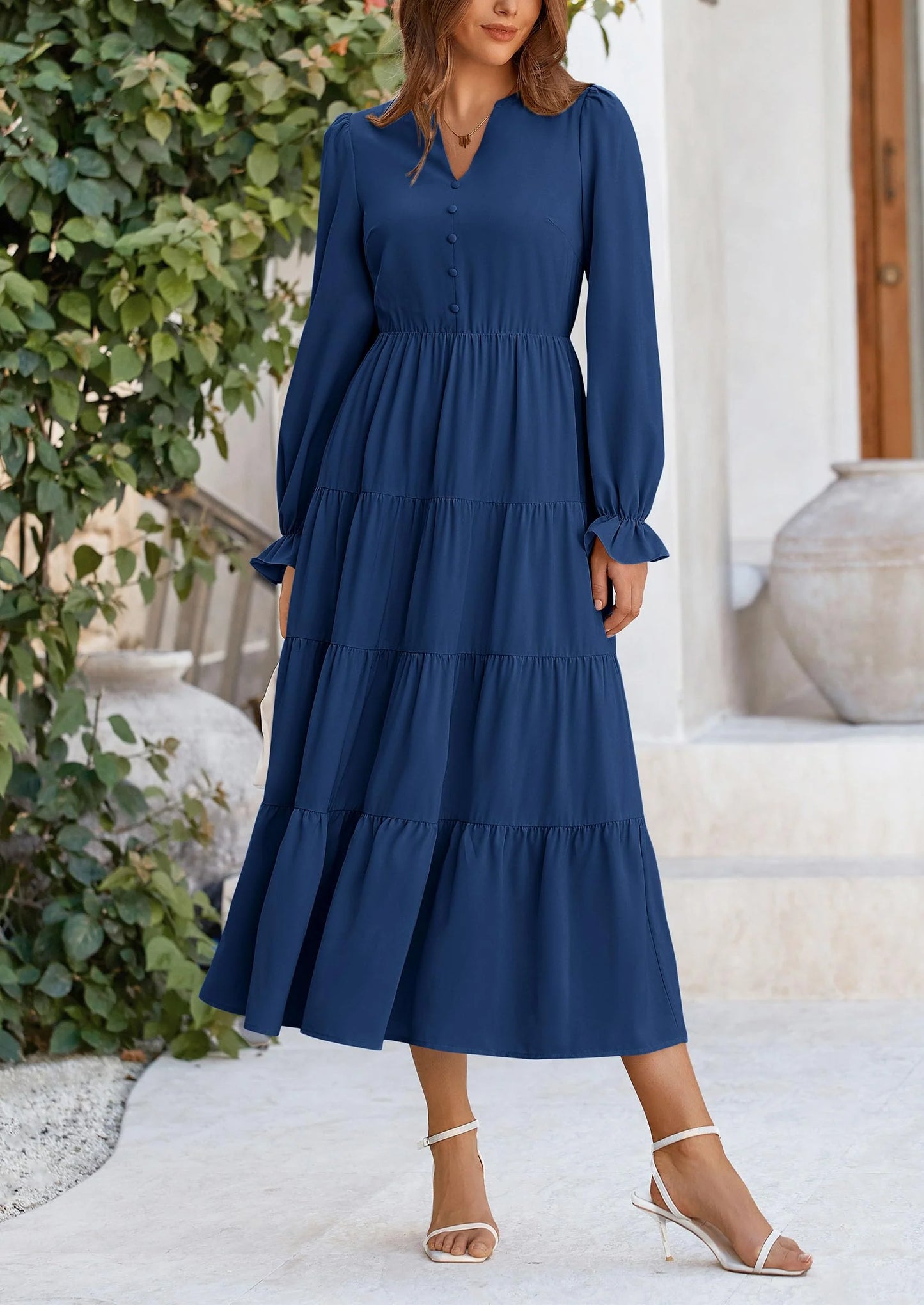 Women Fall Long Sleeve Smocked Maxi Dress Casual Square Neck Swiss Dot Tiered Ruffle Flowy Spring Pocket Dresses