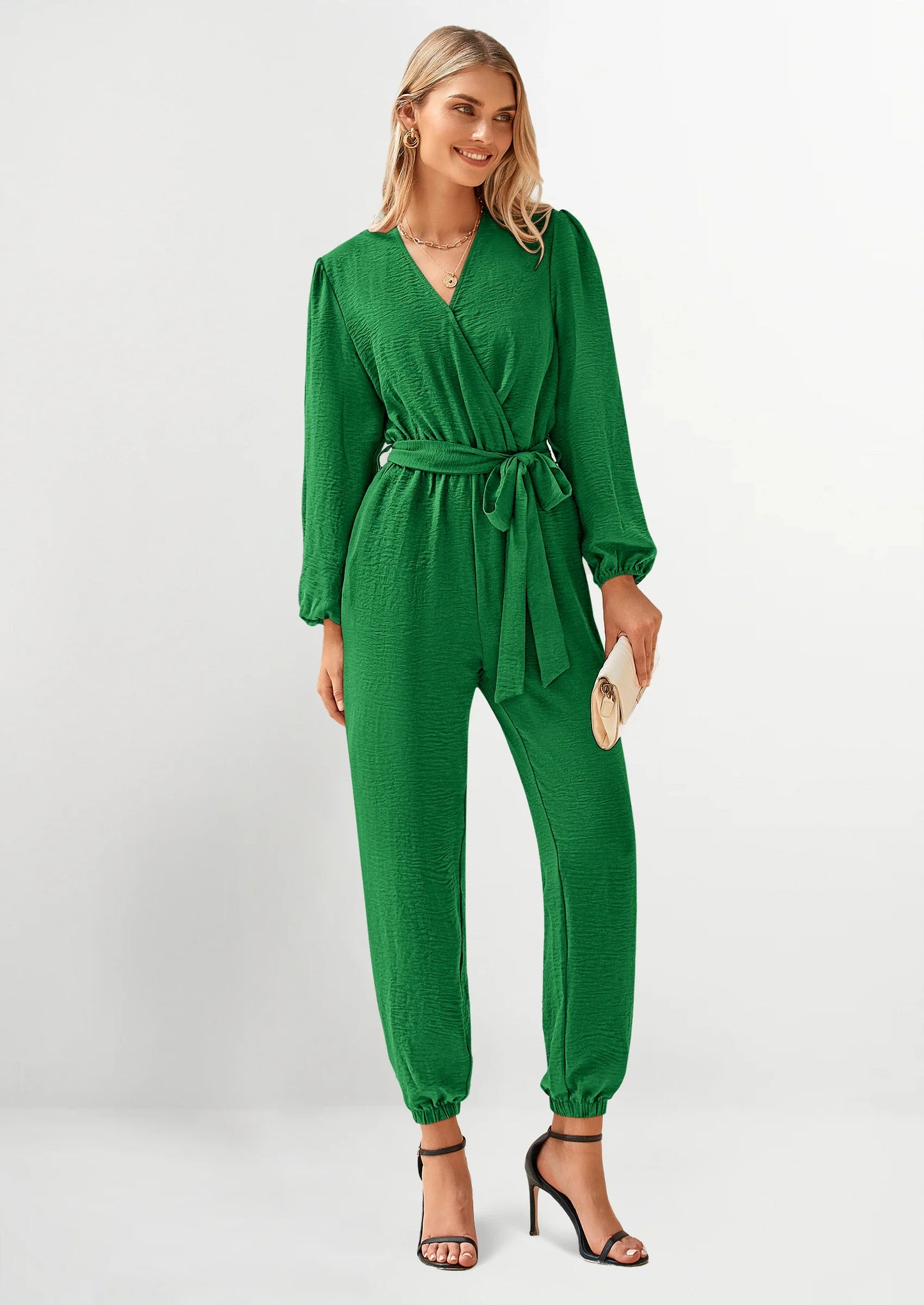 Women's Fall Jumpsuits Dressy Casual Pants Romper Spring Long Sleeve V Neck Belt Pockets One Piece Outfits