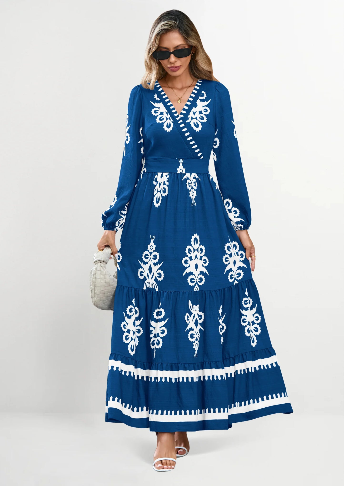 Women's Fall Wedding Guest Dresses Boho Floral Long Sleeve V Neck Flowy Elegant Maxi Dress Beach Clothes