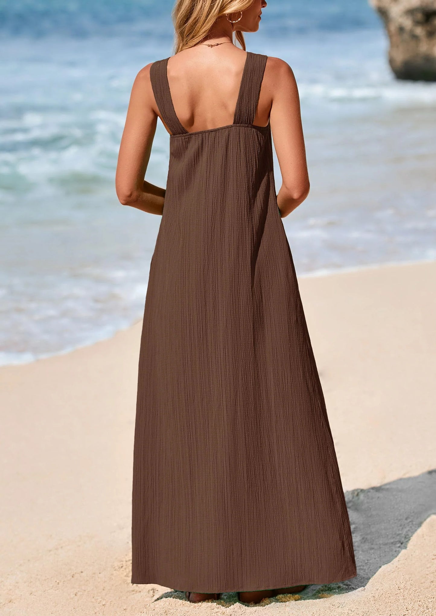 Womens Casual Long Summer Dresses Sleeveless Strappy Loose Flowy Beach Vacation Maxi Dress with Pockets