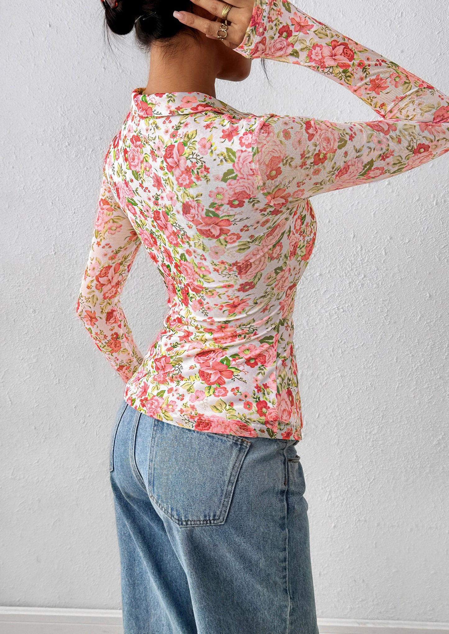 Women Button Down Floral Shirts Fall Trendy Long Sleeve V Neck Ruched Fitted Mesh Blouse Tops Date Outfits
