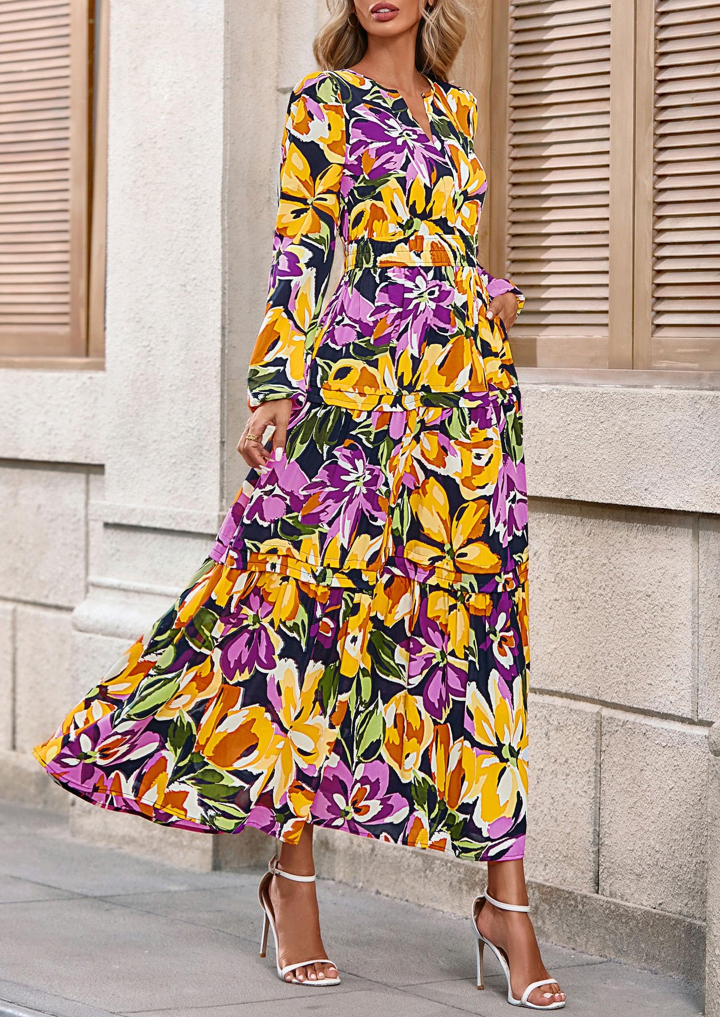 Women's Fall Boho Maxi Dresses Floral Long Sleeve V Neck Flowy Elegant Wedding Guest Dress Vacation Outfits