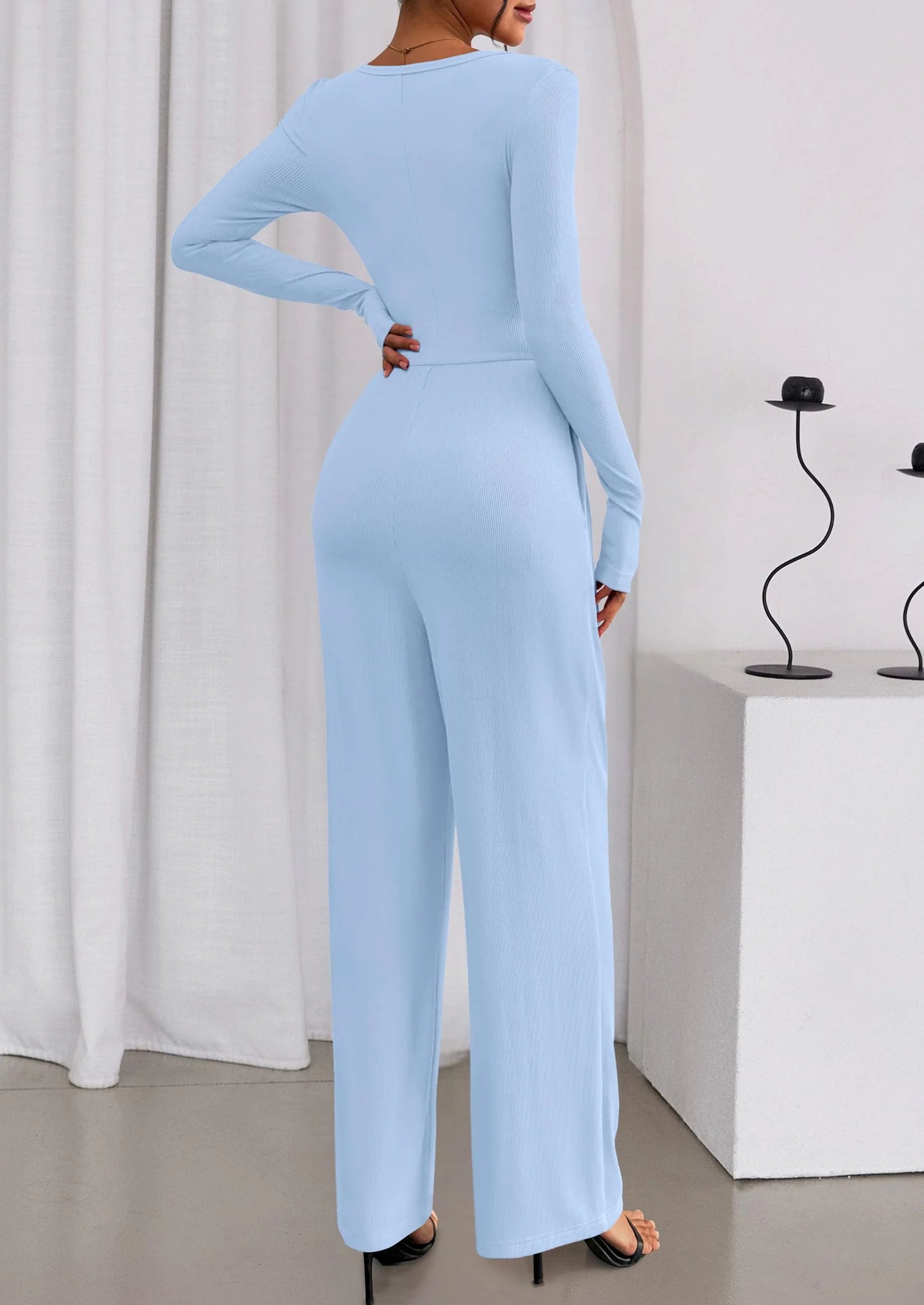Jumpsuits for Women Dressy Casual Fall One Piece Outfits Long Sleeve Crew Neck Wide Leg Pants Rompers
