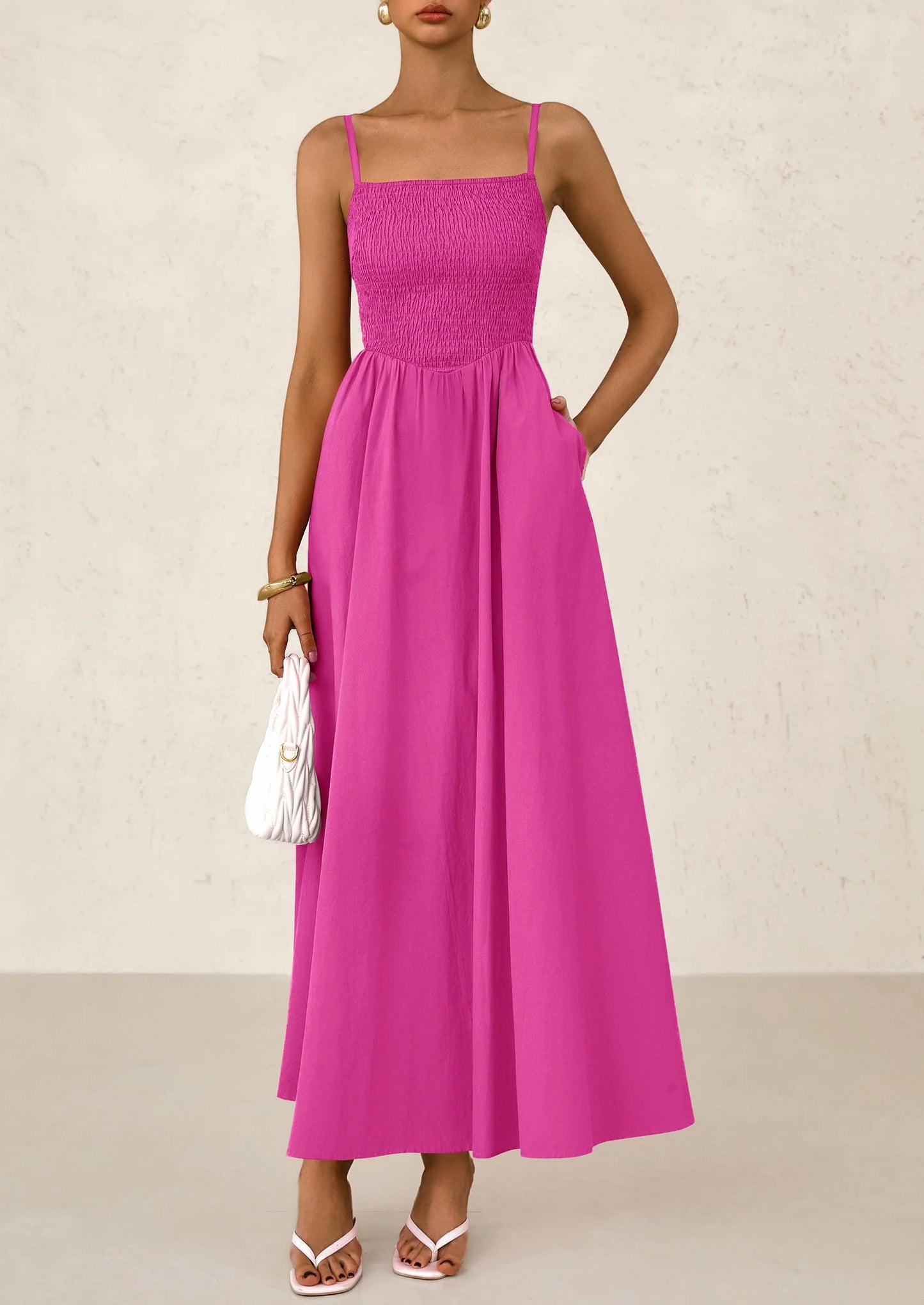 Women's Smocked Maxi Dresses Beach Sundress Casual Spaghetti Strap Swing A Line Long Flowy Dress