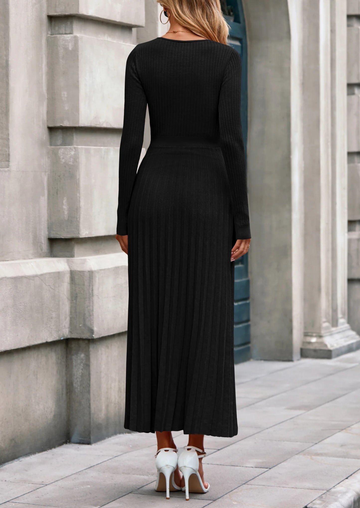 Women Sweater Dress Fall Fashion Long Sleeve V Neck Ribbed Knit Pleated A Line Elegant Maxi Winter Dresses