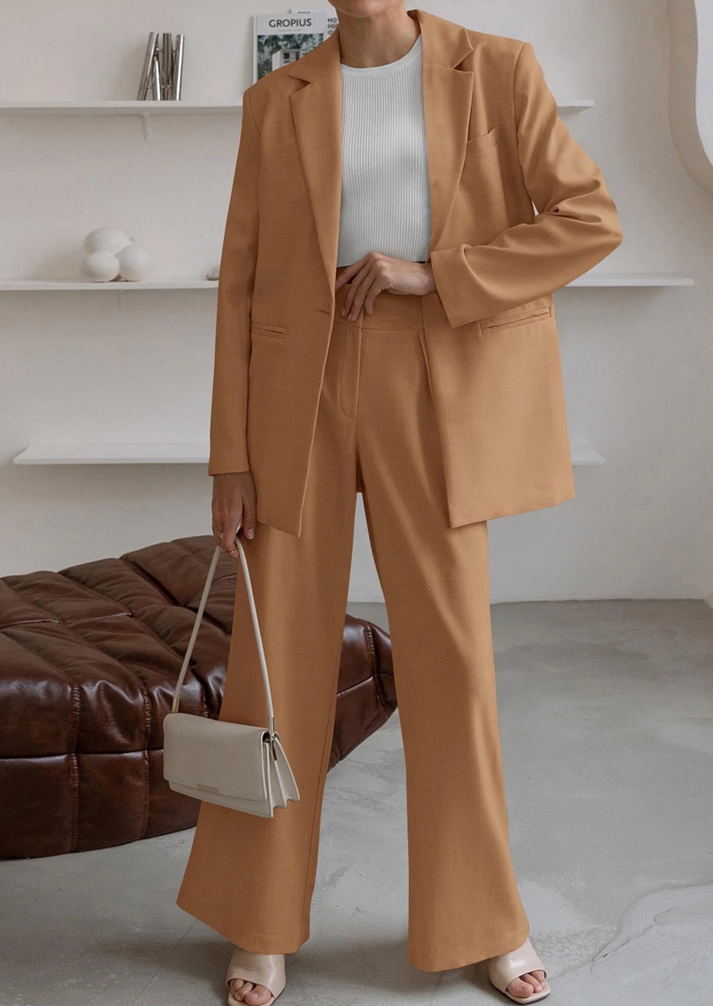 Women's Fall Two Piece Outfits Dressy Blazer Jacket and Wide Leg Pants Pockets Business Casual Office Suit Sets