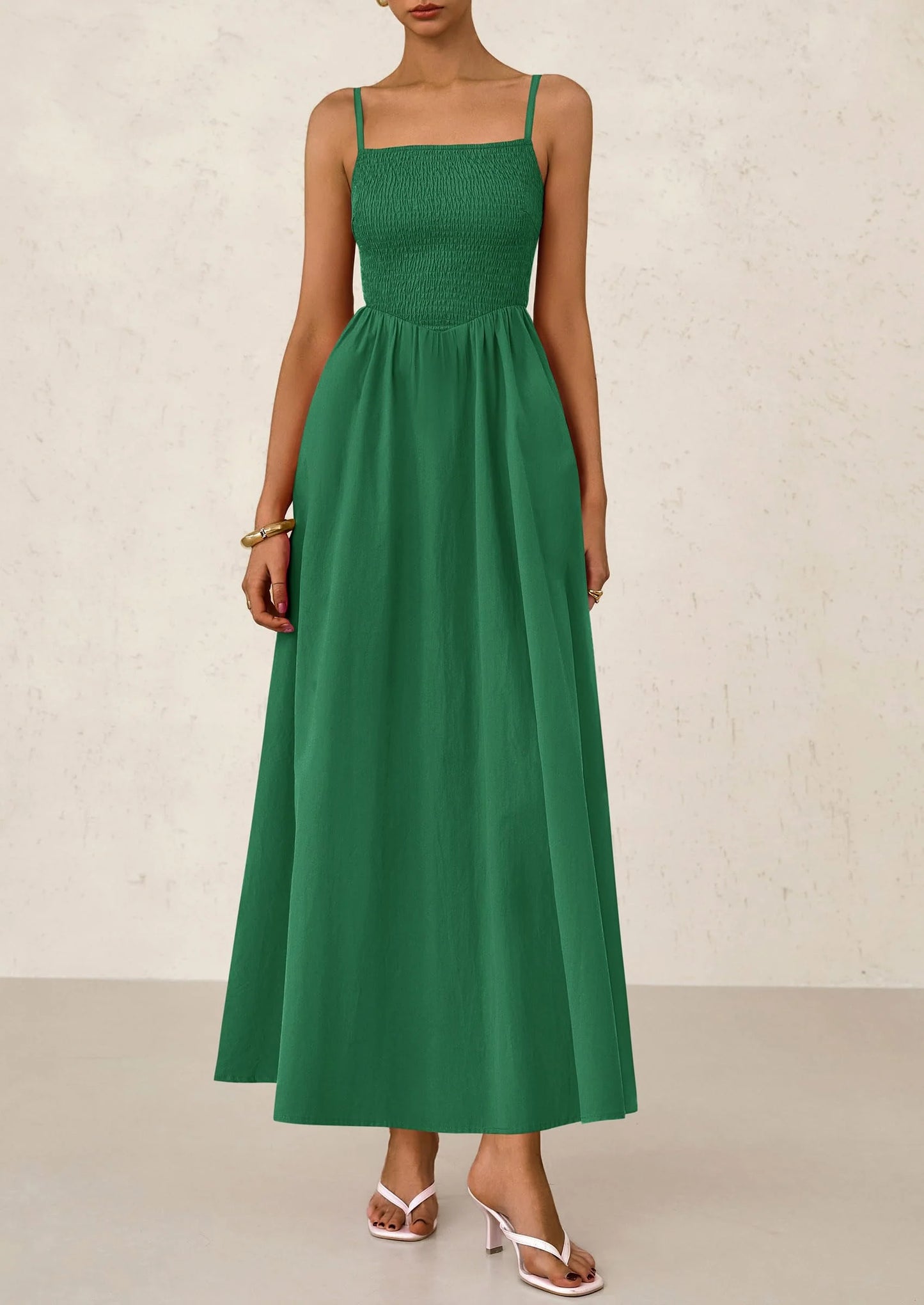 Women's Smocked Maxi Dresses Beach Sundress Casual Spaghetti Strap Swing A Line Long Flowy Dress