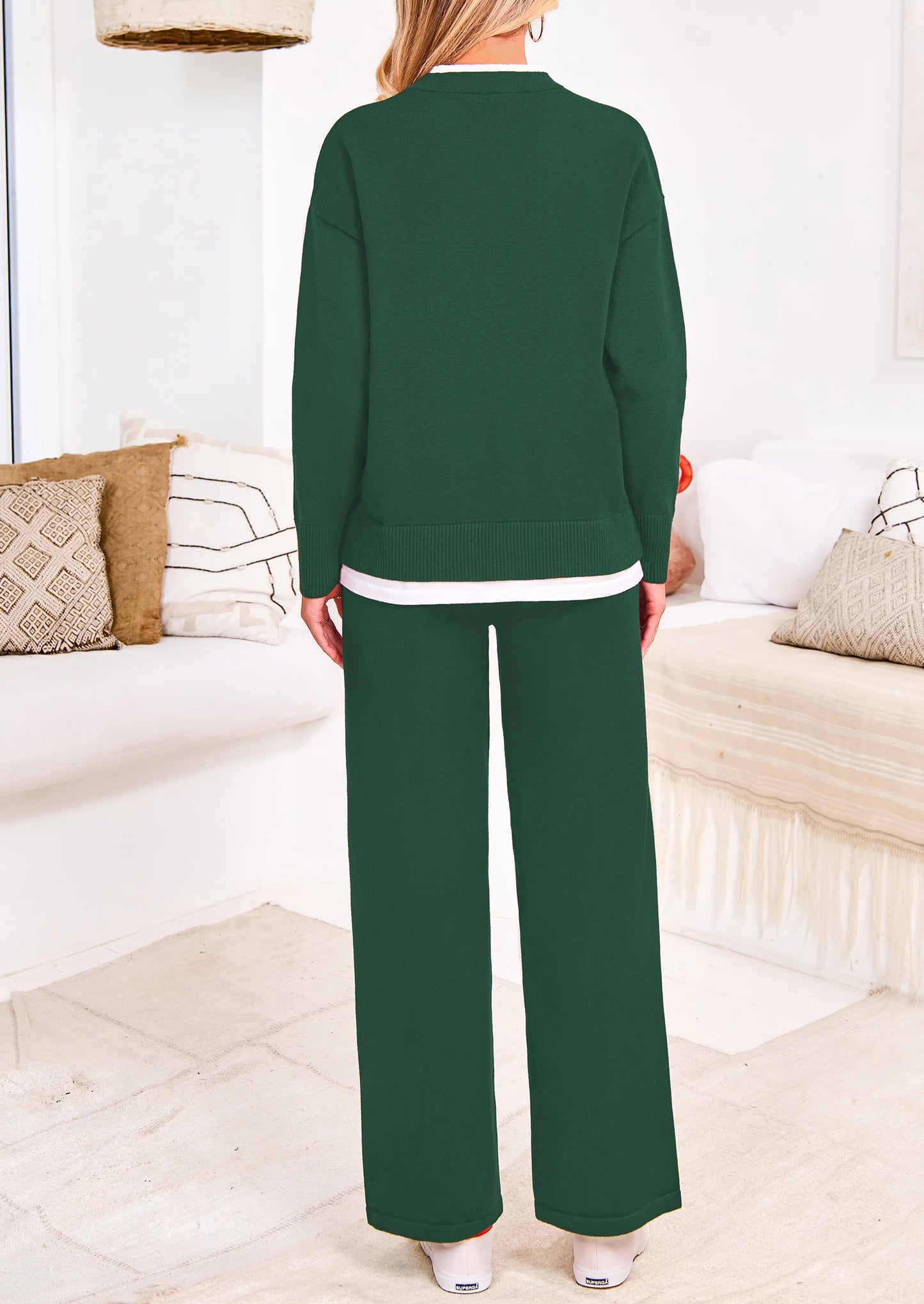 Two Piece Matching Sweater Lounge Sets Knit Long Sleeve Pullover Tops Wide Leg Pants