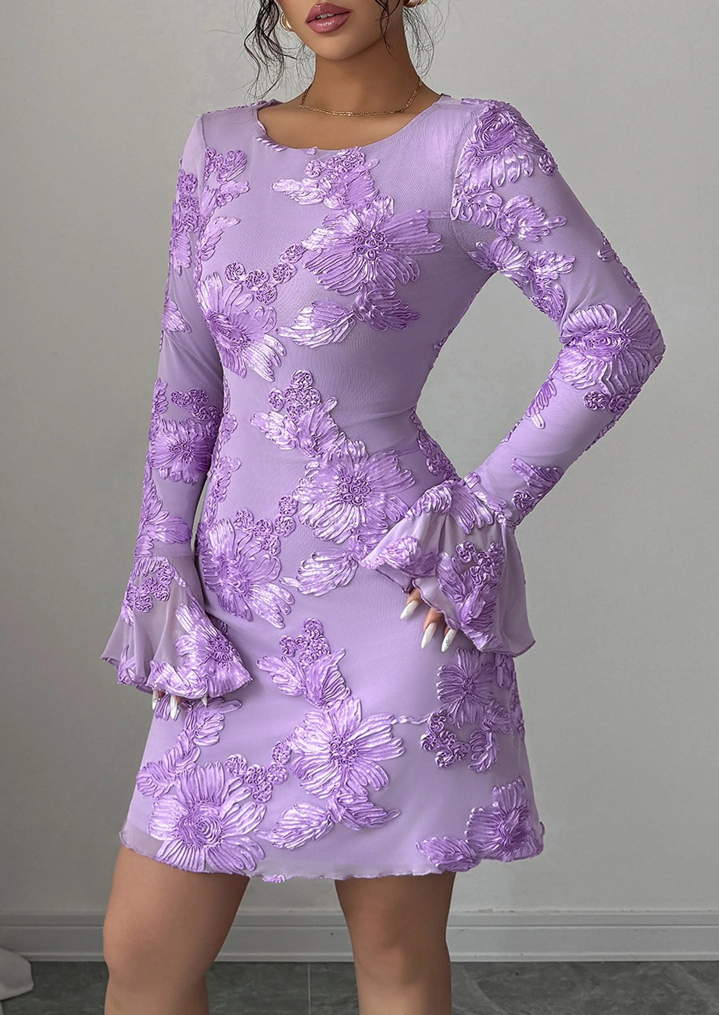 Women's Floral Embroidered Dress Fall Long Bell Sleeve Ribbon Flower Mini Short Mesh Bodycon Party Dresses