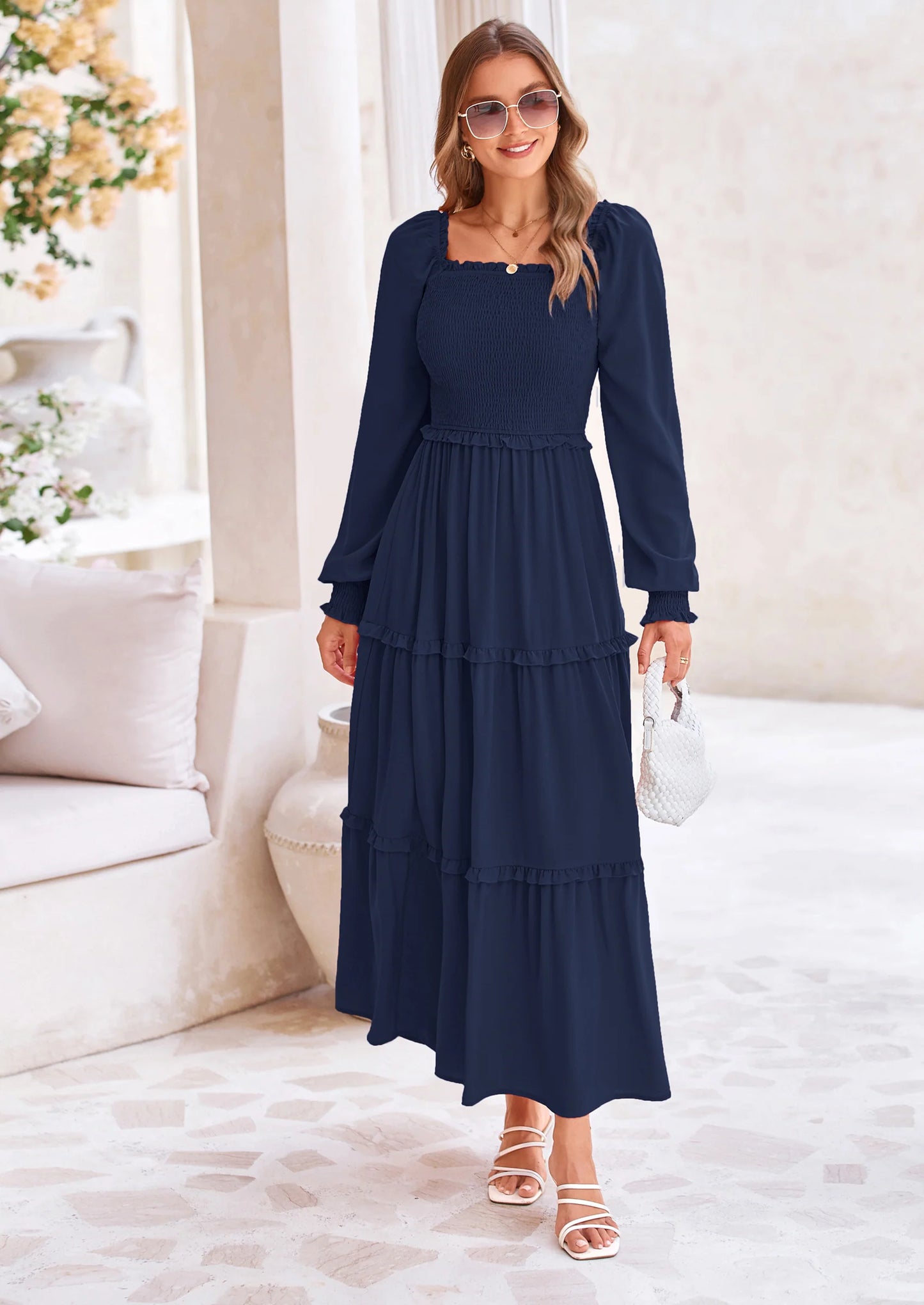 Fall Wedding Guest Dresses for Women Long Sleeve Square Neck Tiered A Line Modest Elegant Flowy Dresses