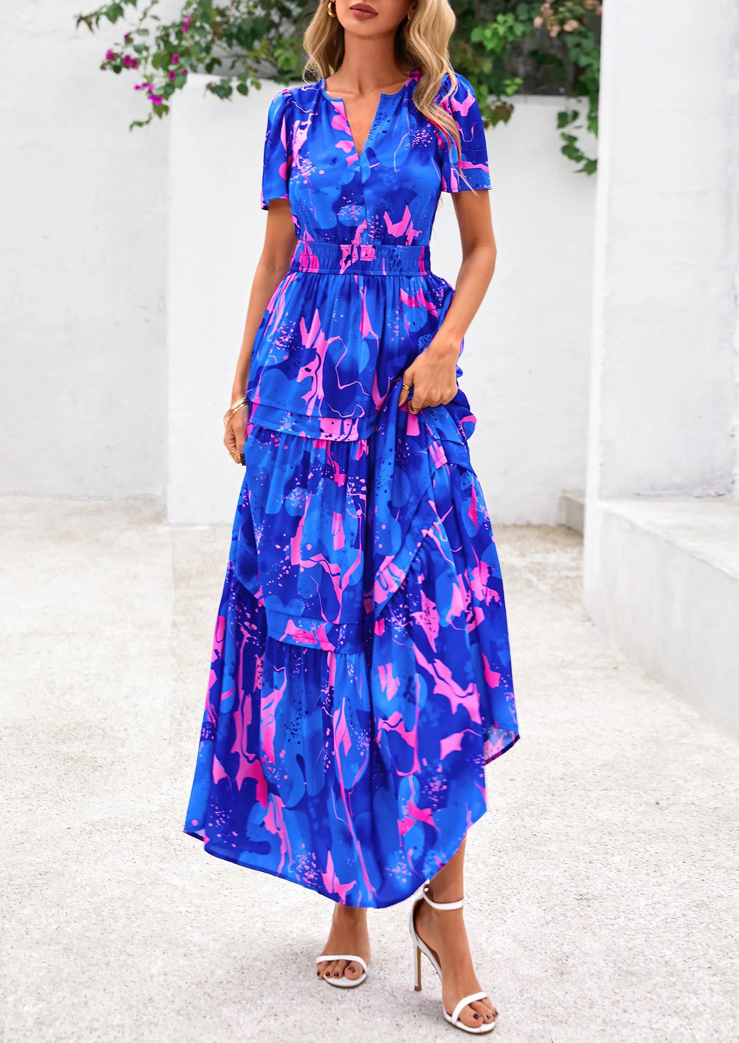 Women's Boho Maxi Dresses Floral Short Sleeve V Neck A Line Tiered Flowy Long Beach Vacation Dress