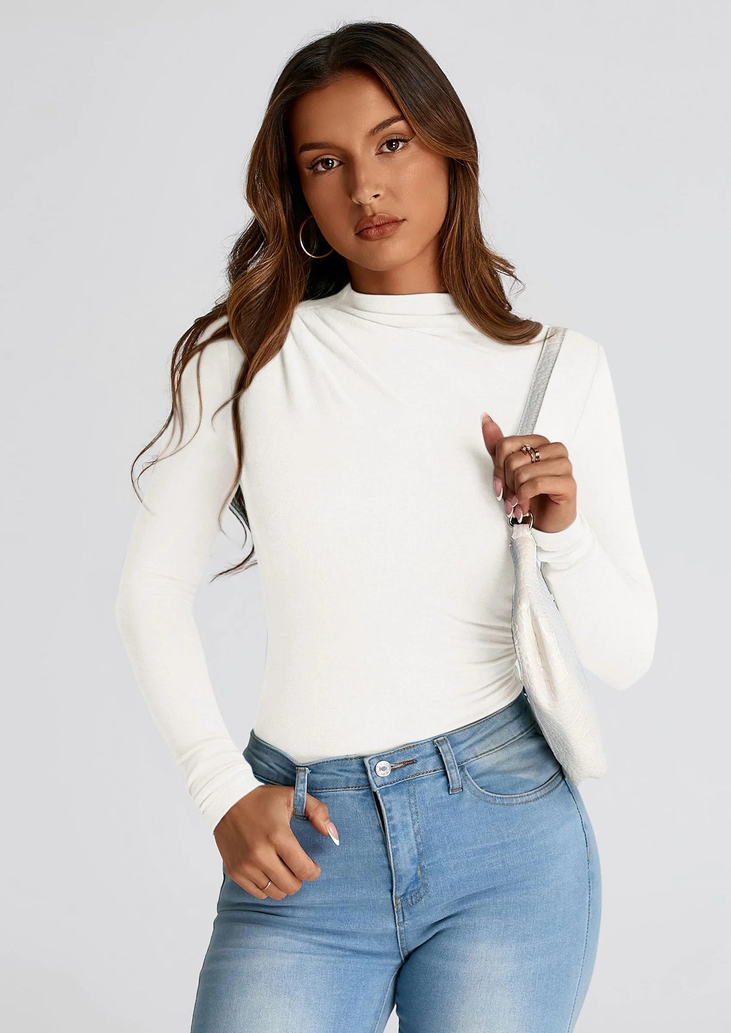 Womens Fall Y2K Going Out Crop Tops Long Sleeve Mock Neck Ruched Slim Fitted Basic Trendy Casual T Shirts Blouse