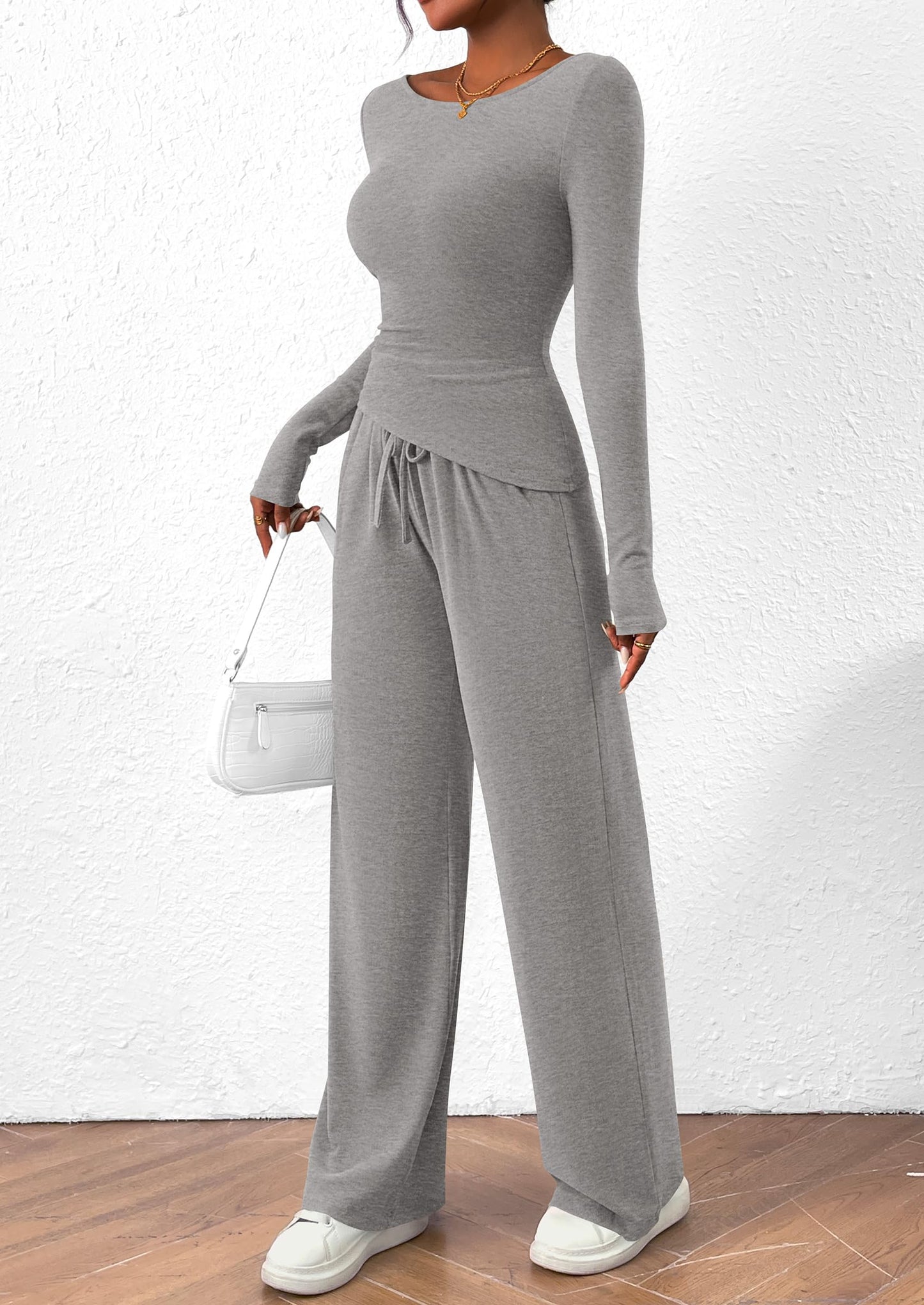 Women's 2 Piece Lounge Sets Asymmetrical Long Sleeve T Shirt Wide Leg Pants Casual Outfits Tracksuit