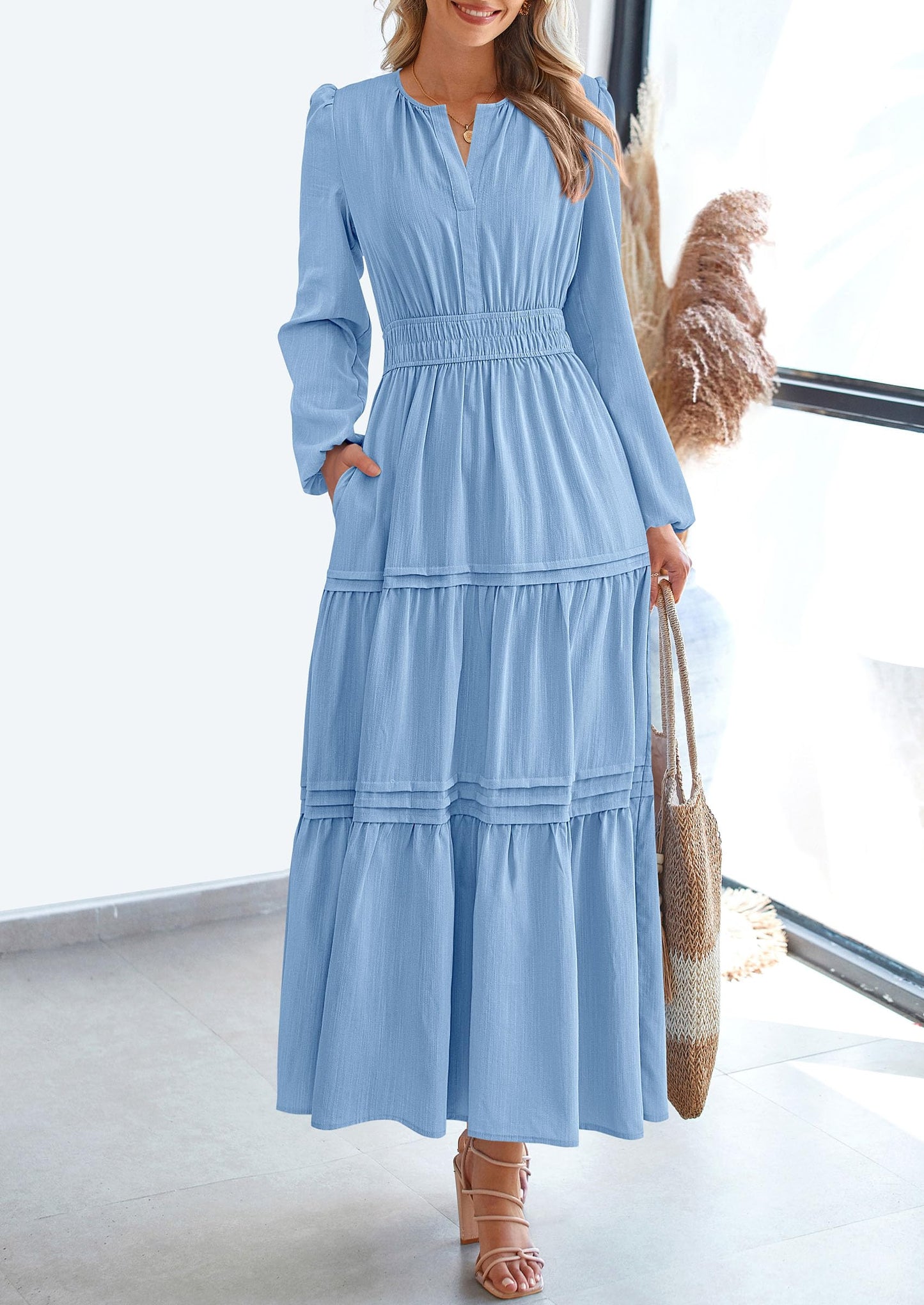 Women's Elegant Maxi Dresses Long Sleeve V Neck Flowy Pockets Casual Modest Dress Fall Fashion Clothes