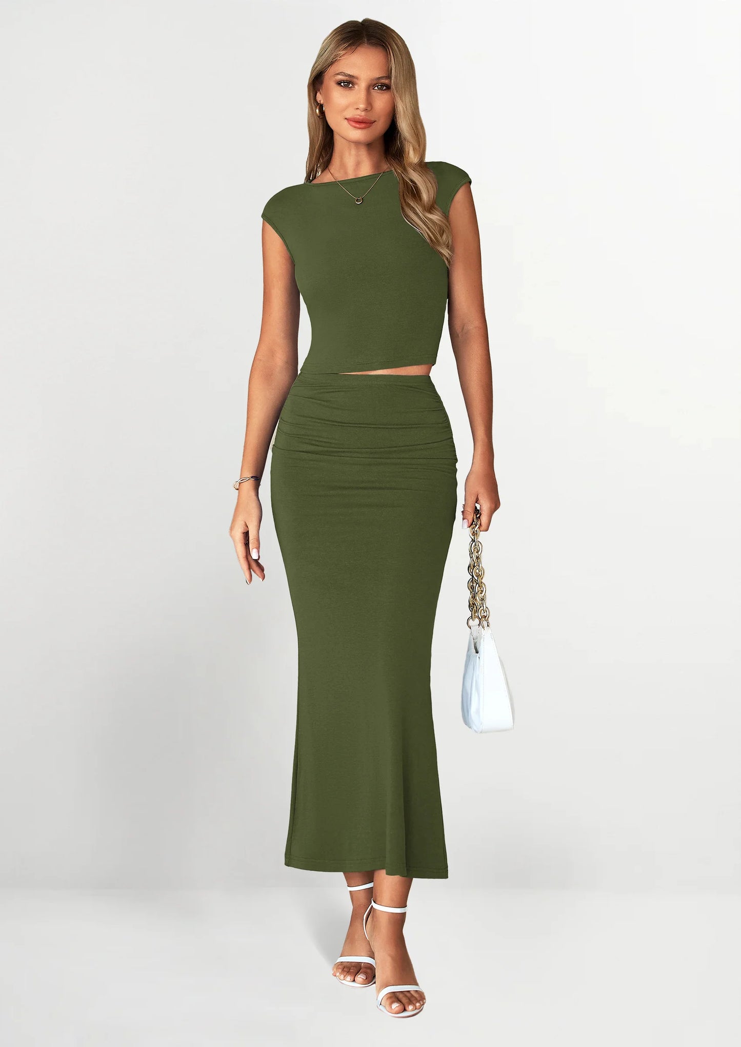 Summer 2 Piece Sets for Women Going Out Casual Cap Sleeve Crop Tops Ruched Maxi Long Skirts Spring Outfits