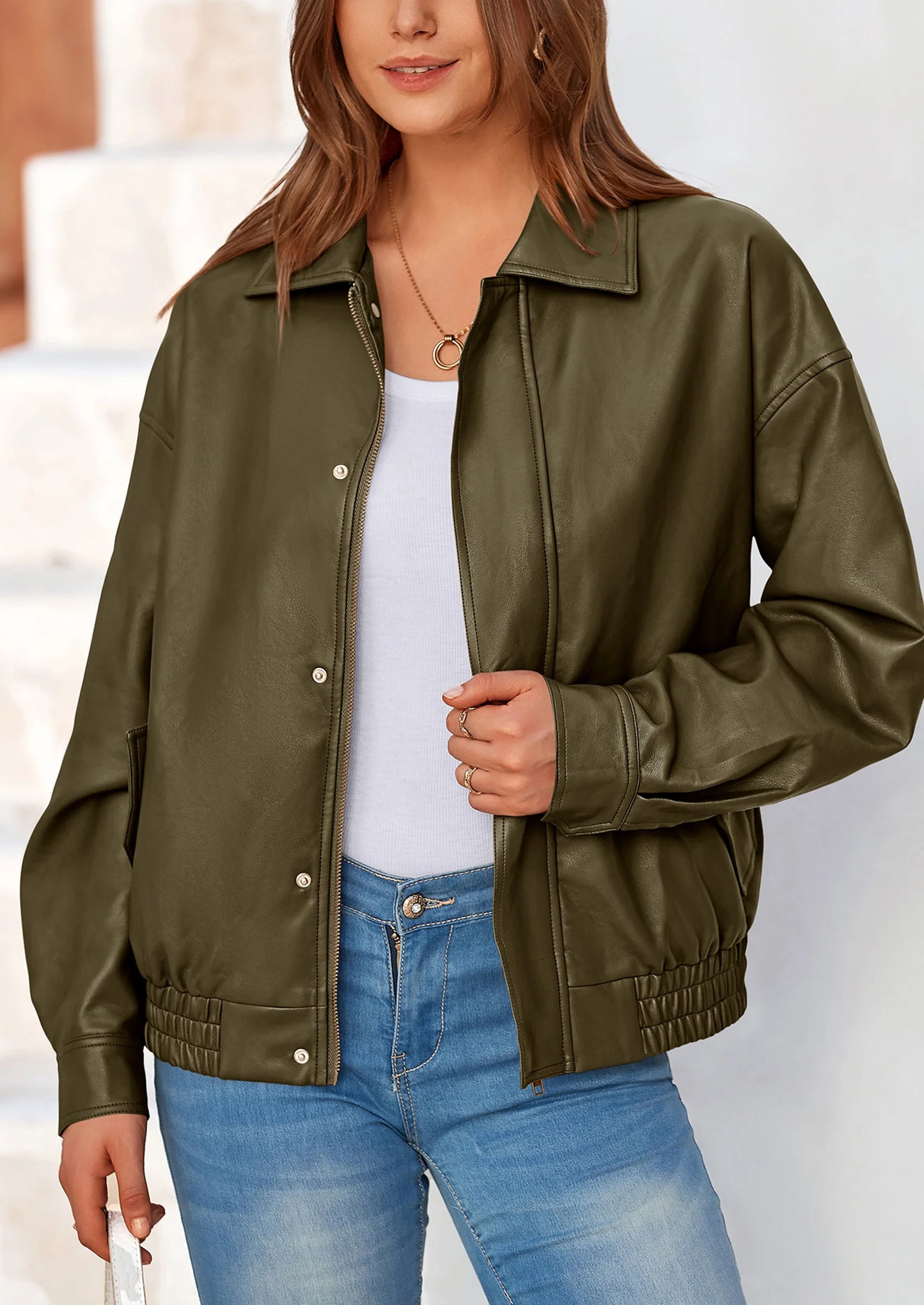 Women's Faux Leather Motorcycle Jacket Trendy Fall Spring Clothes Oversized Zip Up Winter Coat Outerwear