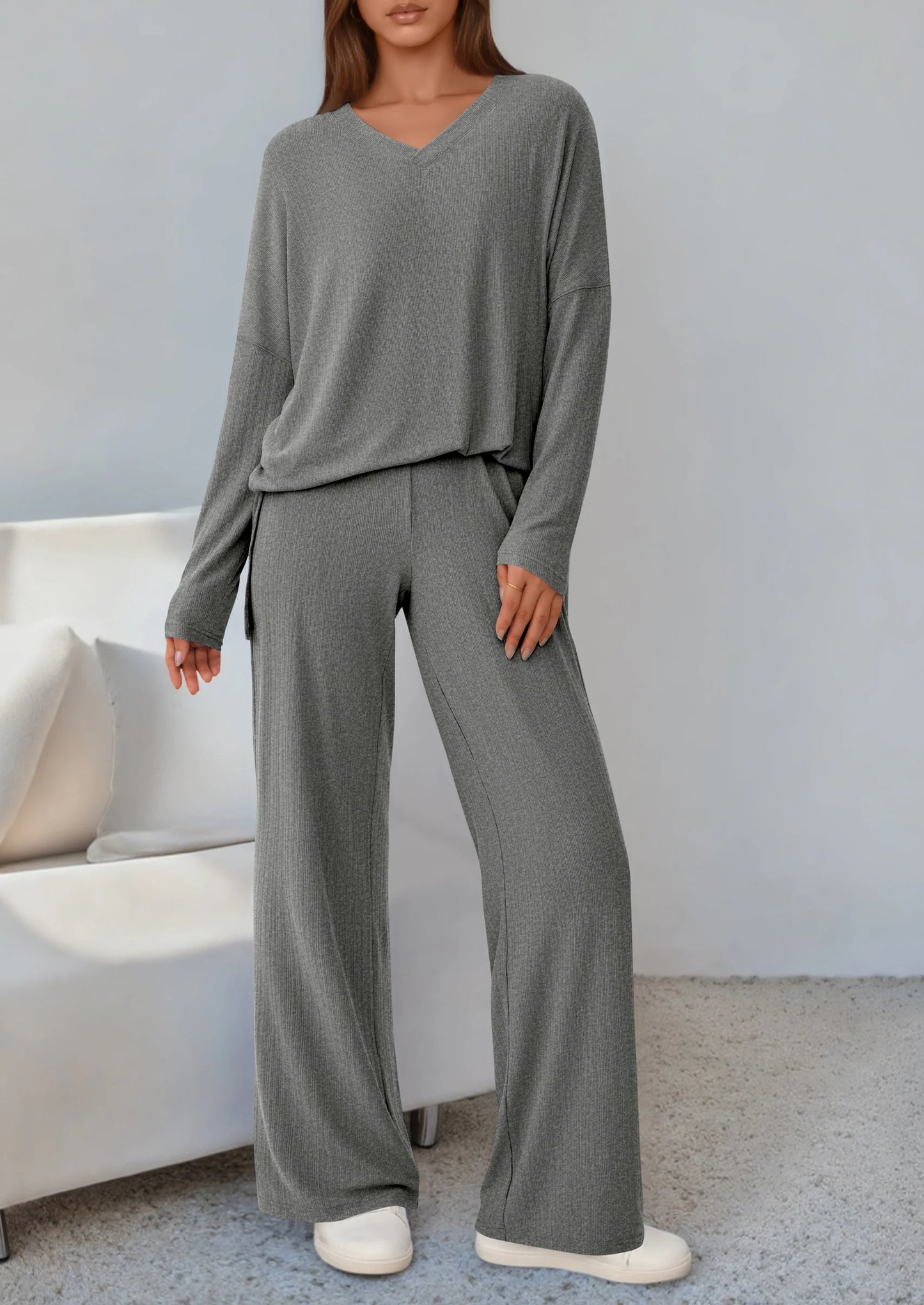2 Piece Lounge Sets for Women Fall Outfits Casual Loose Long Sleeve Tops Wide Leg Pants Matching Pajama Set