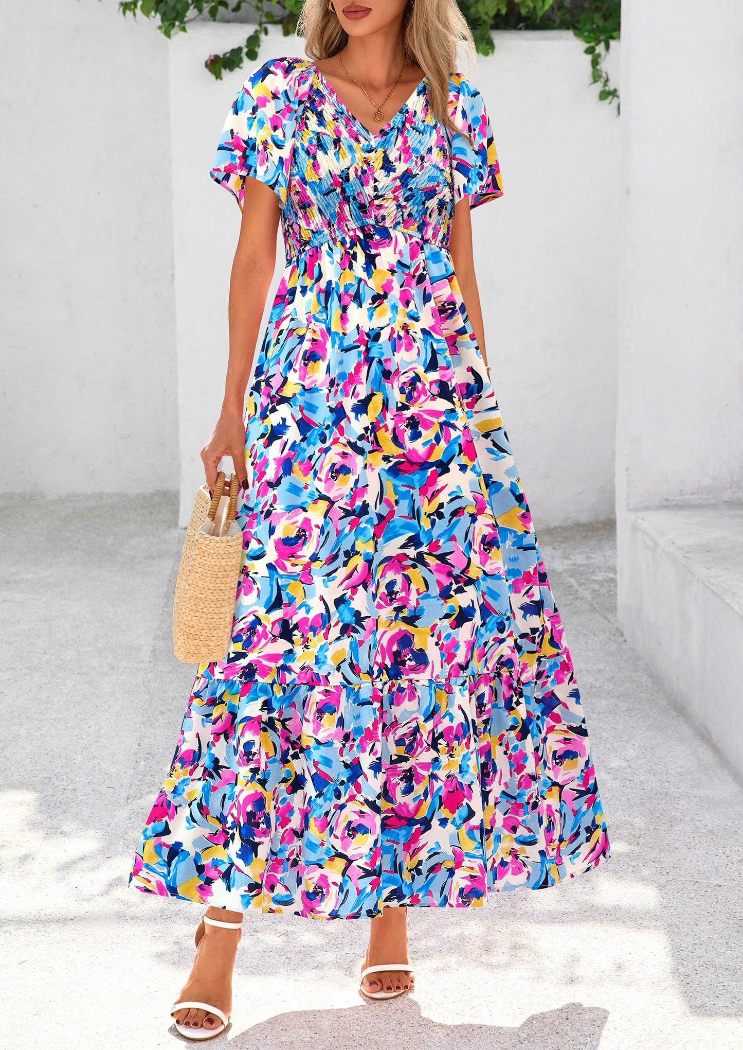 Women Floral Boho Maxi Dresses Short Sleeve V Neck Smocked A Line Long Flowy Beach Vacation Dress