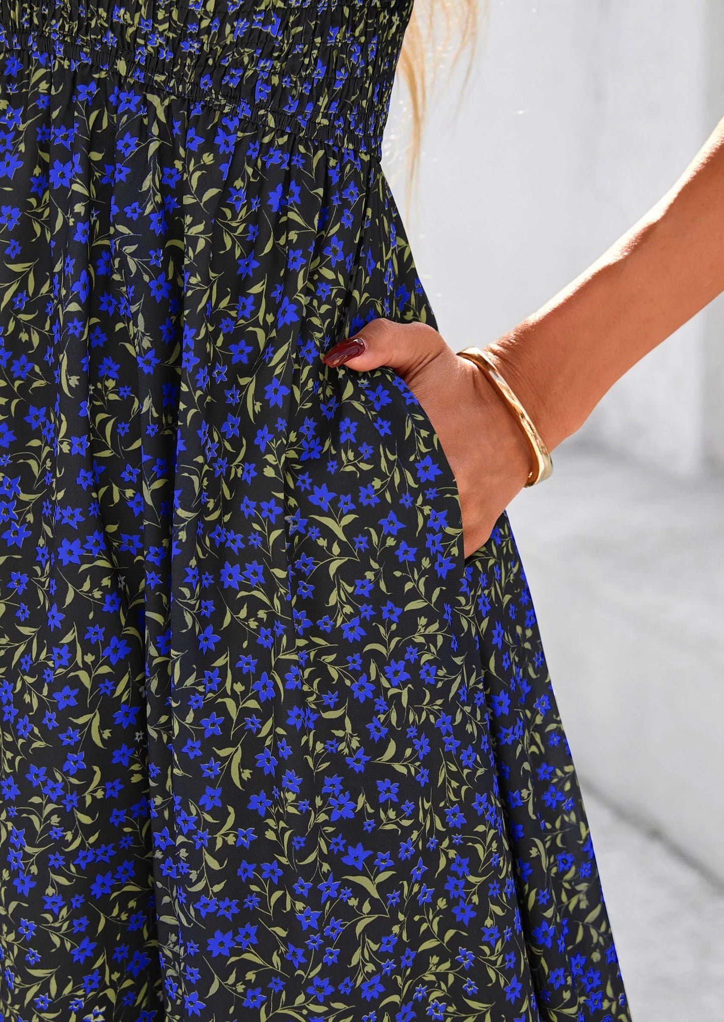 Women Floral Boho Maxi Dresses Short Sleeve V Neck Smocked A Line Long Flowy Beach Vacation Dress