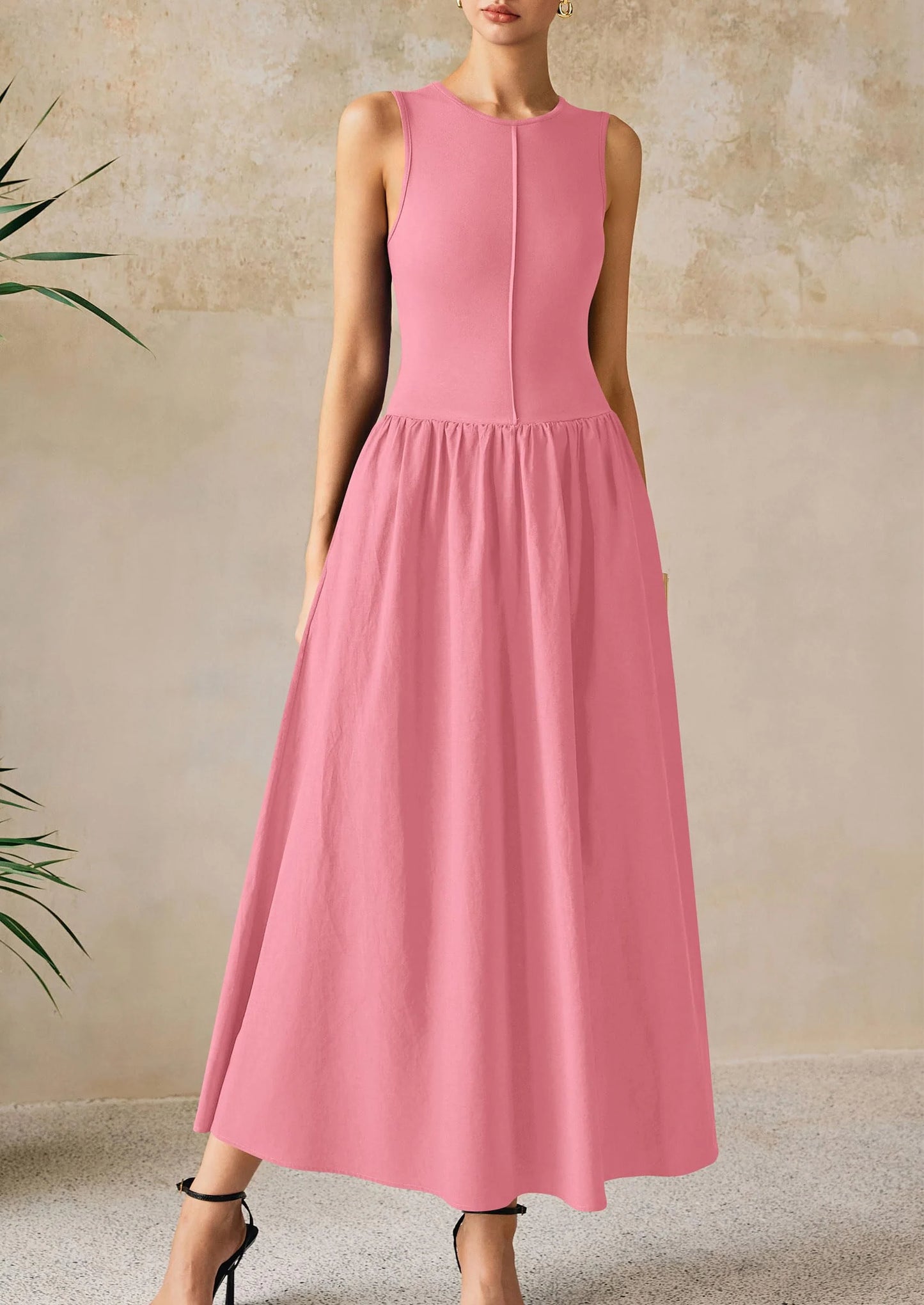 Women Maxi Dresses Casual Sleeveless Patchwork Knit Tank Dress Flowy Beach Sundress Long Dress