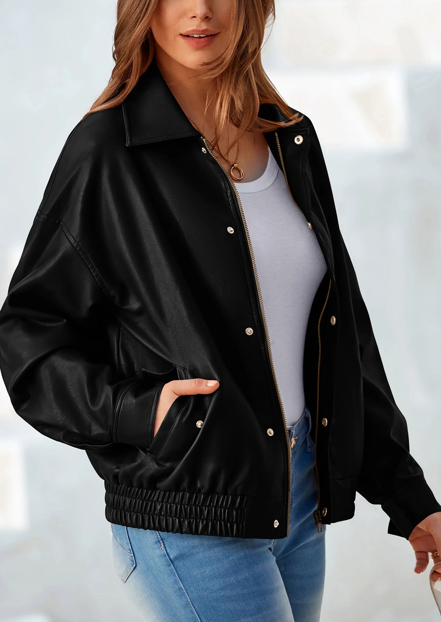 Women's Faux Leather Motorcycle Jacket Trendy Fall Spring Clothes Oversized Zip Up Winter Coat Outerwear