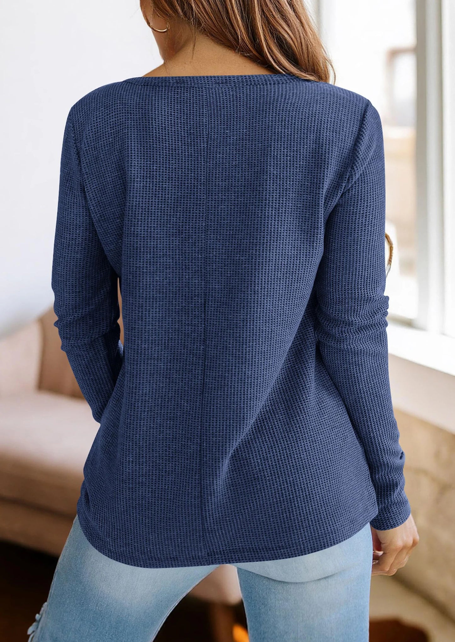 Long Sleeve Shirts for Women Fall V Neck Waffle Basic Tee Dressy Casual Winter Blouses Knit Tunic Tops