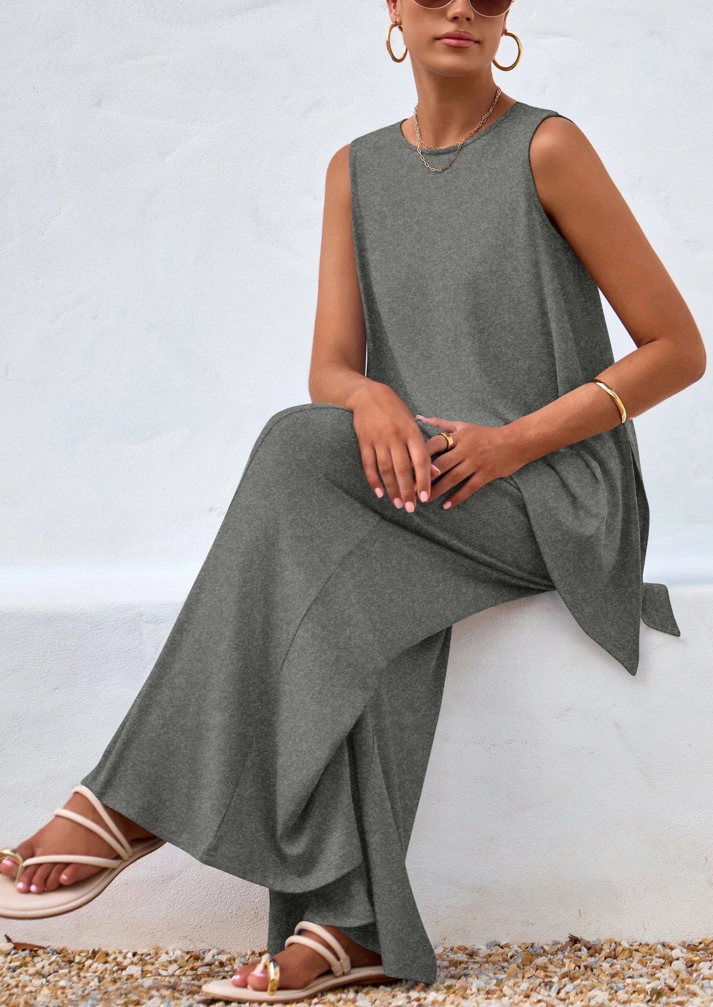 Women's Two Piece Matching Lounge Sets Asymmetrical Split Tank Tops Wide Leg Pants Summer Outfits Tracksuit