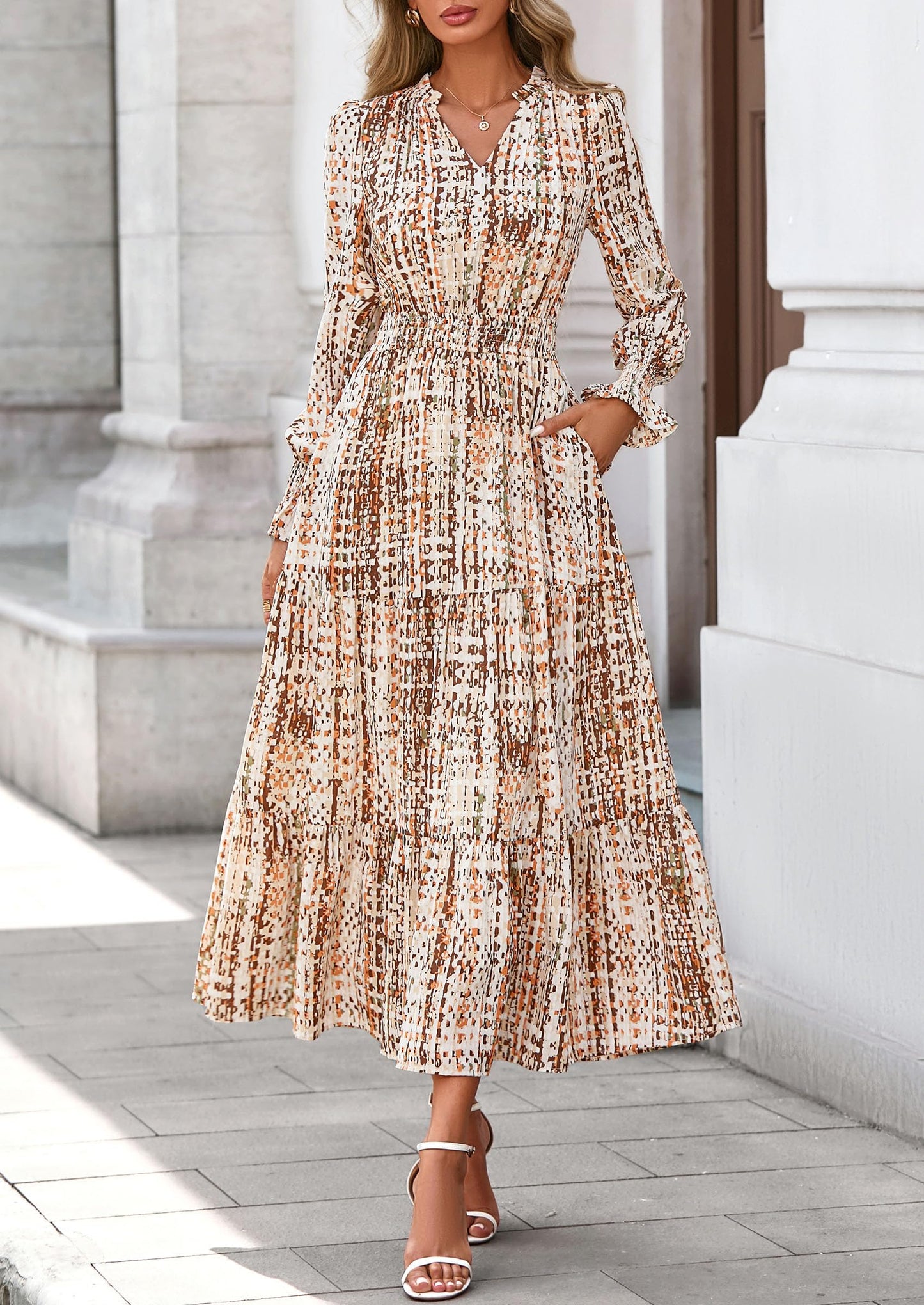 Women's Floral Maxi Dress Spring Long Sleeve V Neck Casual A Line Long Flowy Boho Party Dresses