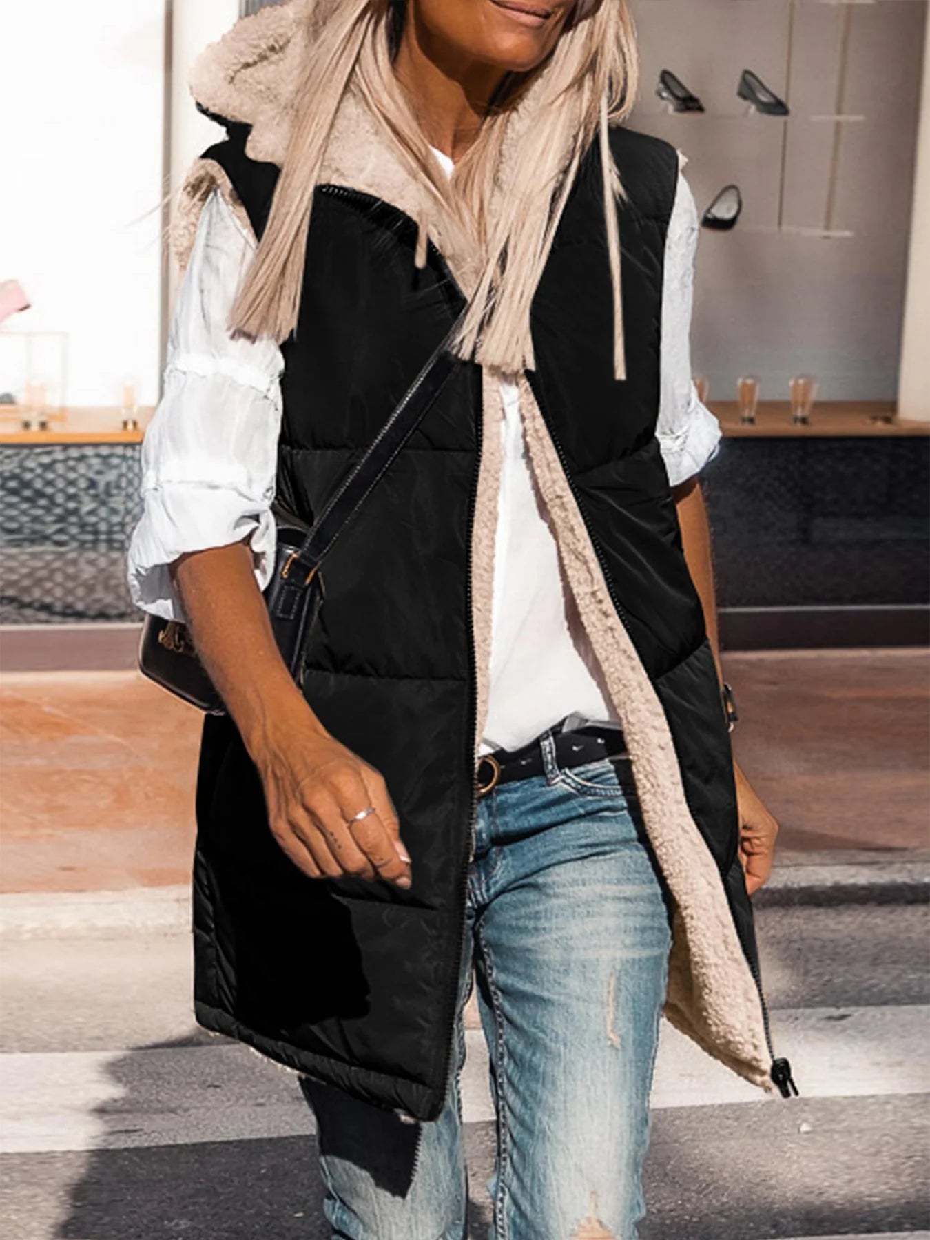 Womens Fall Reversible Vests Sleeveless Fleece Jacket Zip Up Hoodie Pockets Long Warm Winter Coat Outerwear