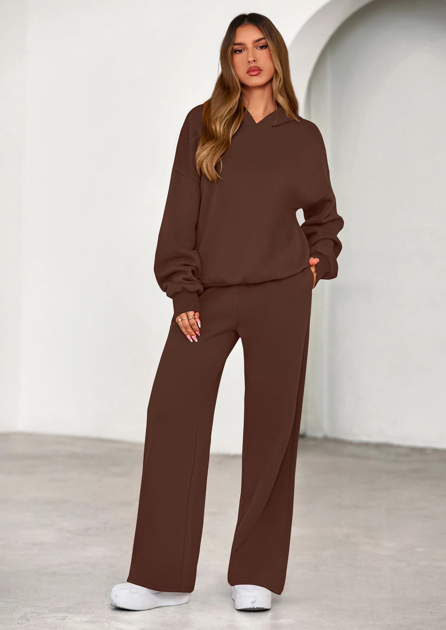 Womens Sweatsuits 2 Piece Set Casual Winter Long Sleeve Hoodie Loose Wide Leg Sweatpants Fall Tracksuit