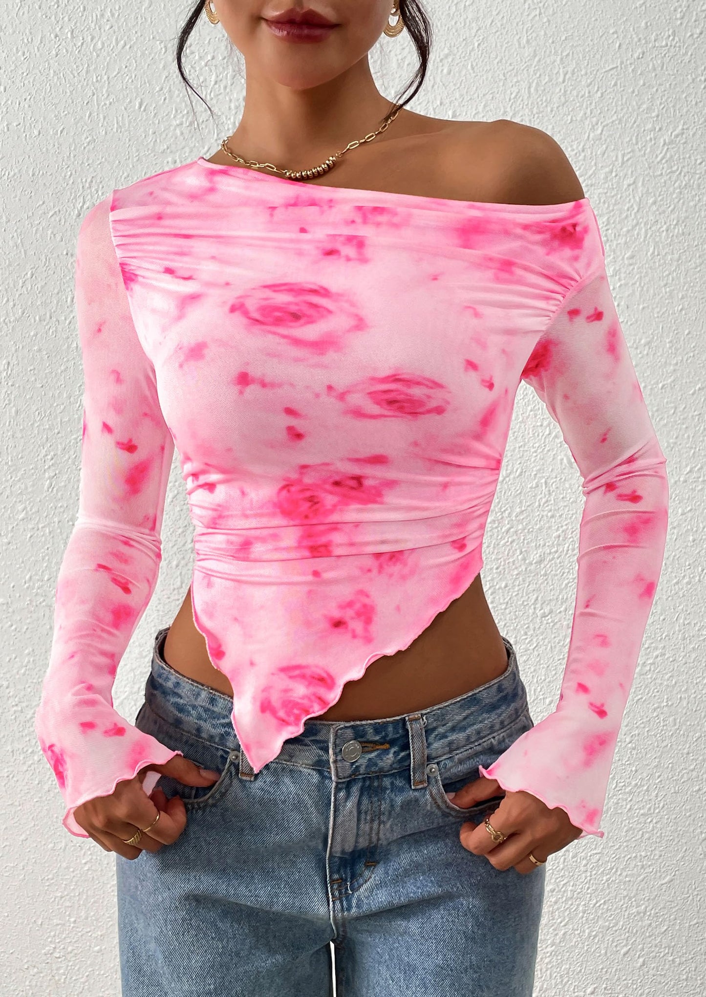 Womens Fall Trendy Off Shoulder Tops Tie Dye Mesh Long Sleeve Shirts Asymmetrical Ruched Floral Blouse