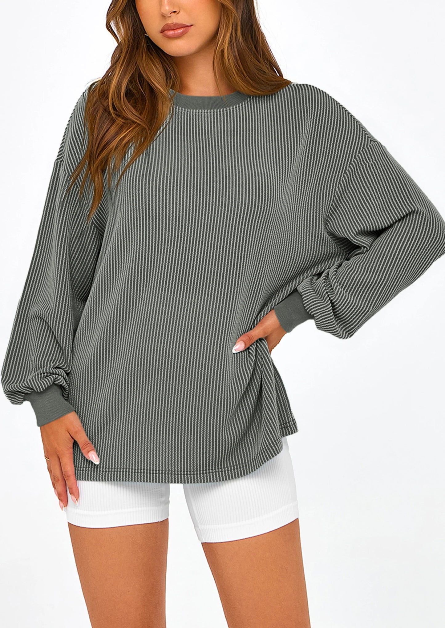 Women's Long Sleeve Tee Shirts Spring Fall Trendy Clothes Casual Loose Crewneck Ribbed Blouse Tunic Tops