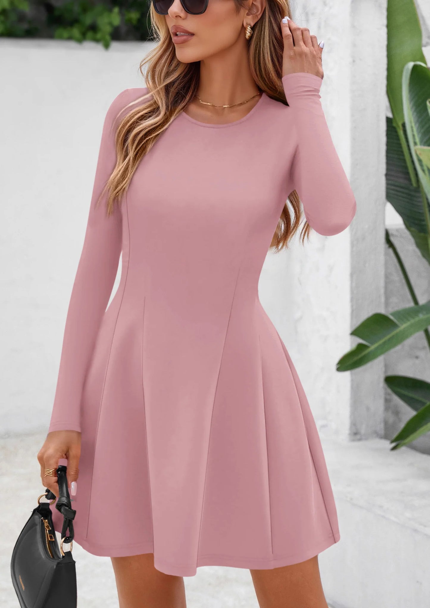 Long Sleeve Mini Dress for Women Fall Crewneck Knit Pleated Babydoll A Line Soft Casual Short Party Dresses