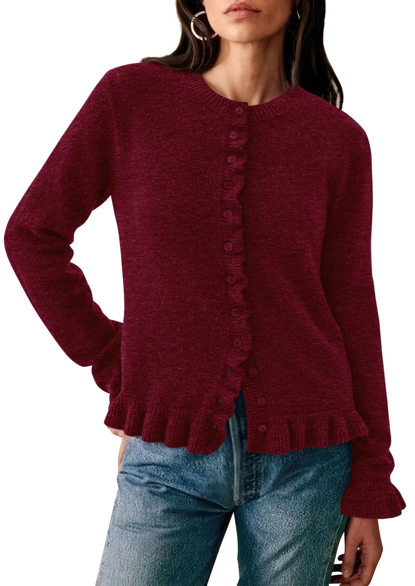 Womens Fall Button Down Cardigans Chunky Knit Ruffle Open Front Cropped Cardigan Sweaters Soft Long Sleeve Tops