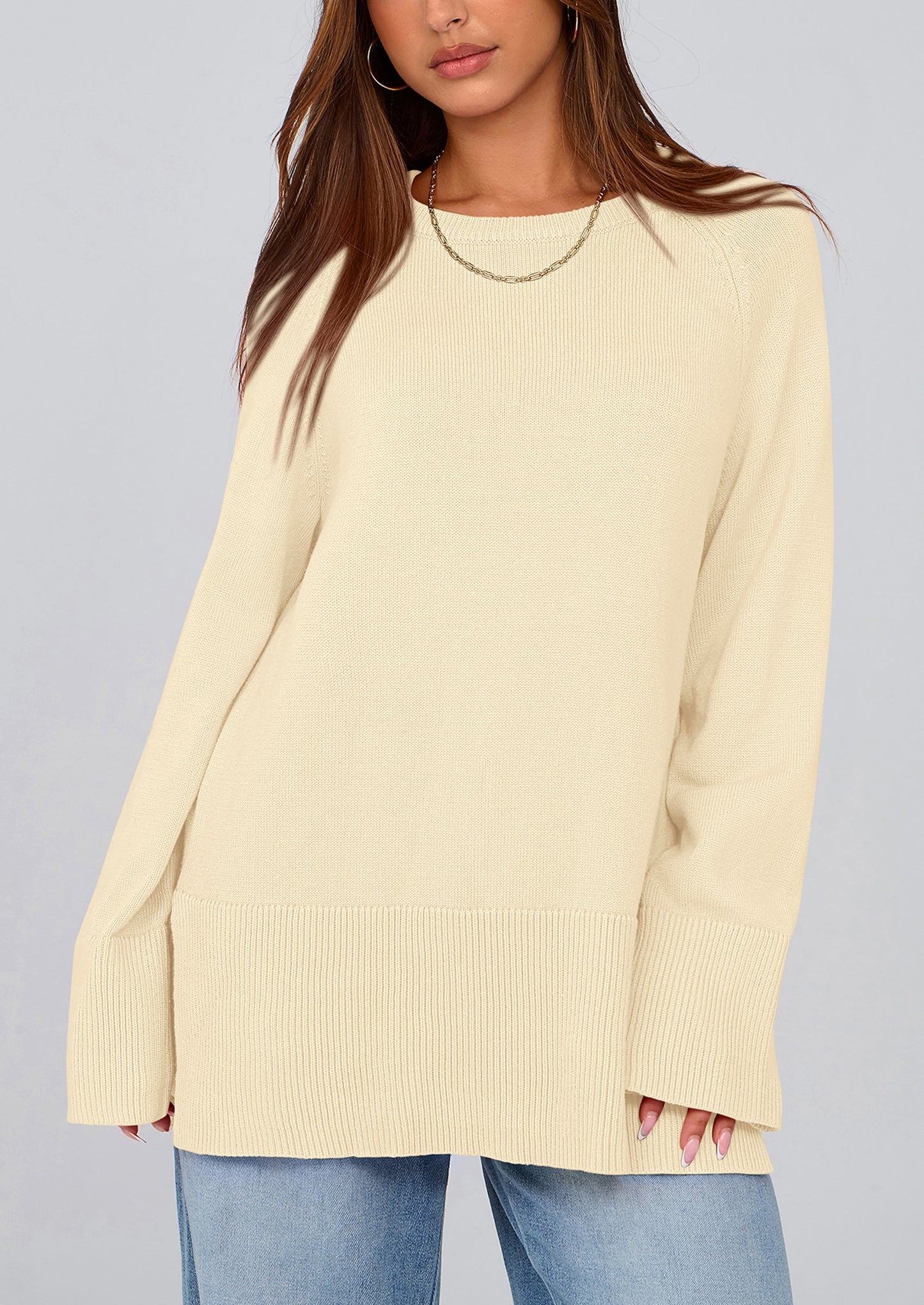 Women's Knit Fall Sweaters Long Sleeve Pullover Crewneck Split Hem Oversized Tunic Sweater Tops Winter Clothing