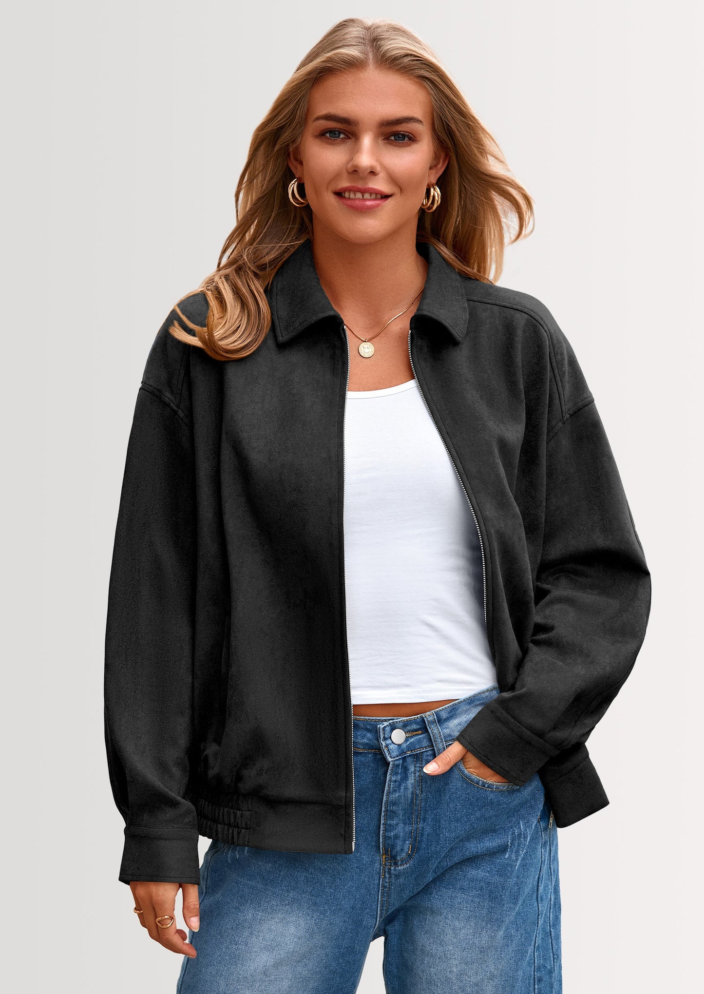 Women's Faux Suede Motorcycle Jacket Trendy Fall Fashion Oversized Zip Up Coats Winter Clothes Outerwear