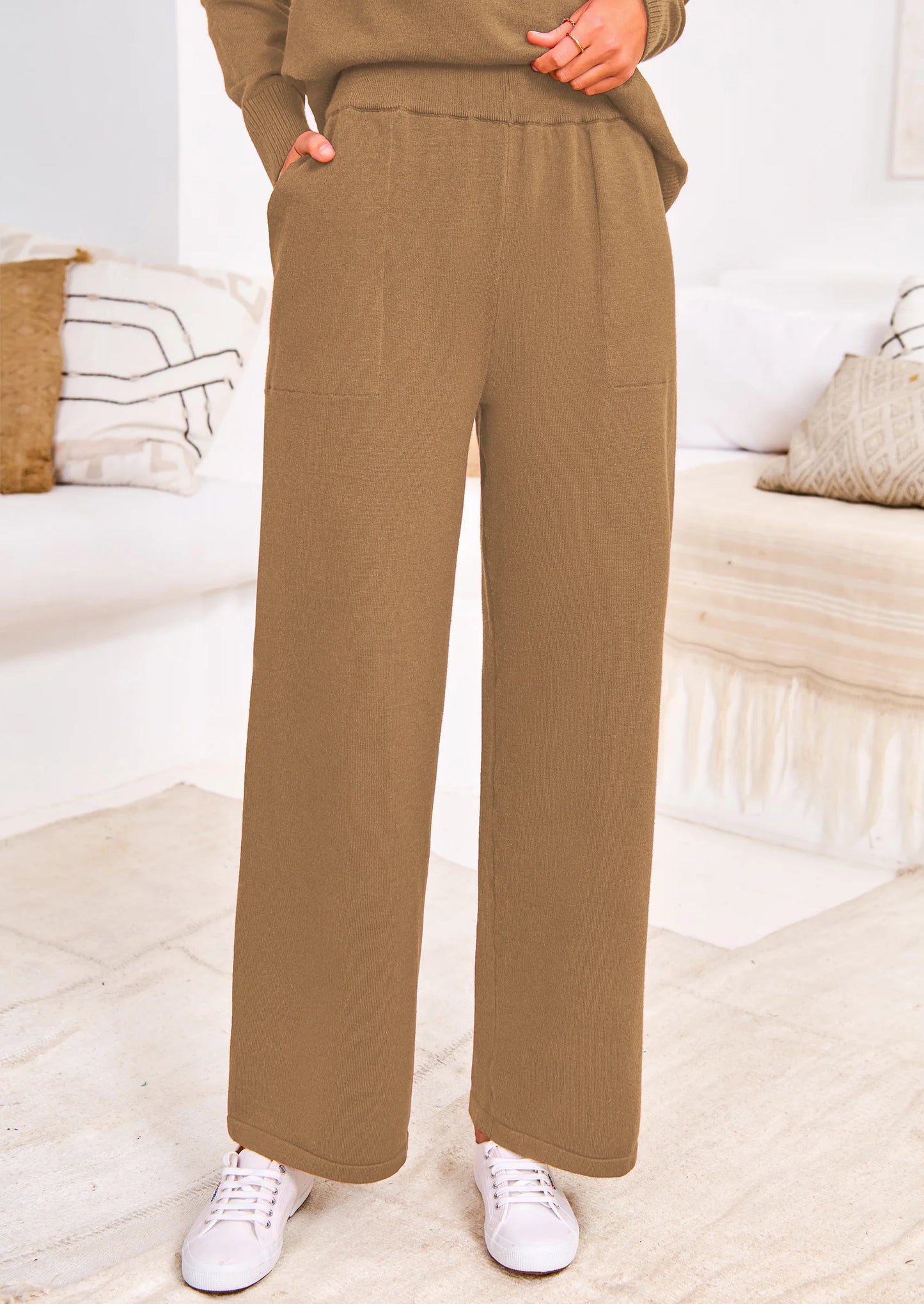 Two Piece Matching Sweater Lounge Sets Knit Long Sleeve Pullover Tops Wide Leg Pants