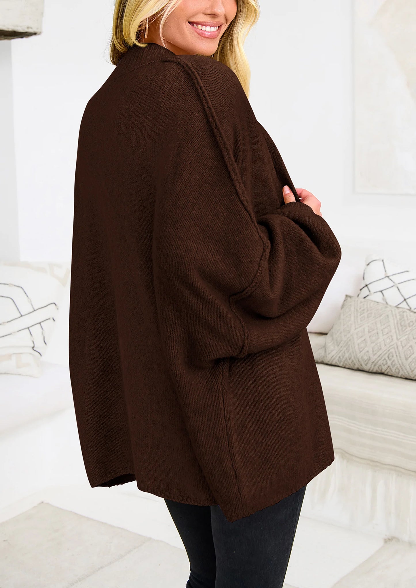 Women's Winter Button Down Cardigan Sweaters Mock Neck Lantern Long Sleeve Chunky Knit Jacket Trendy Outerwear