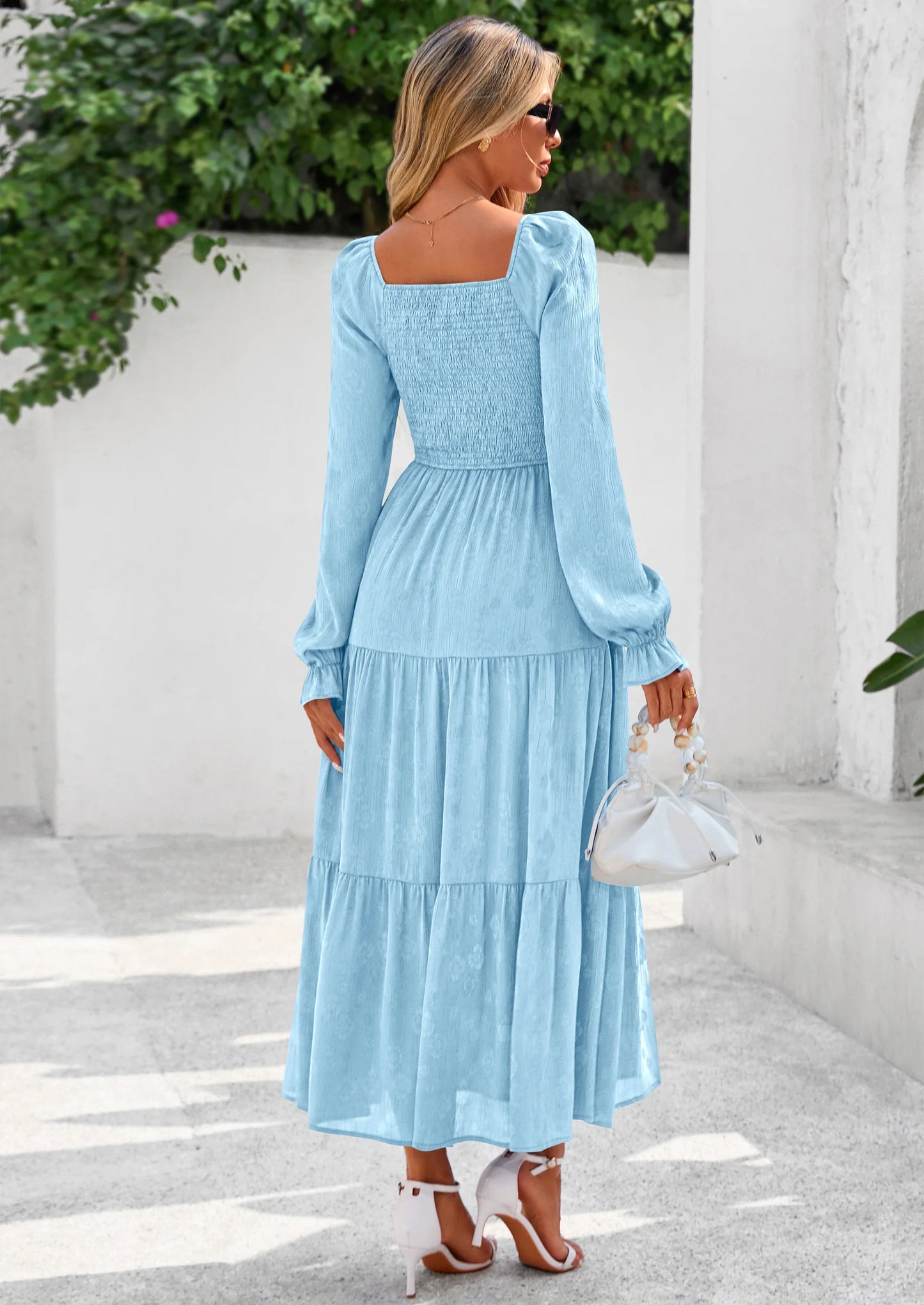 Fall Wedding Guest Dresses for Women Floral Long Sleeve Smocked Tiered Elegant Long Flowy Boho Dress